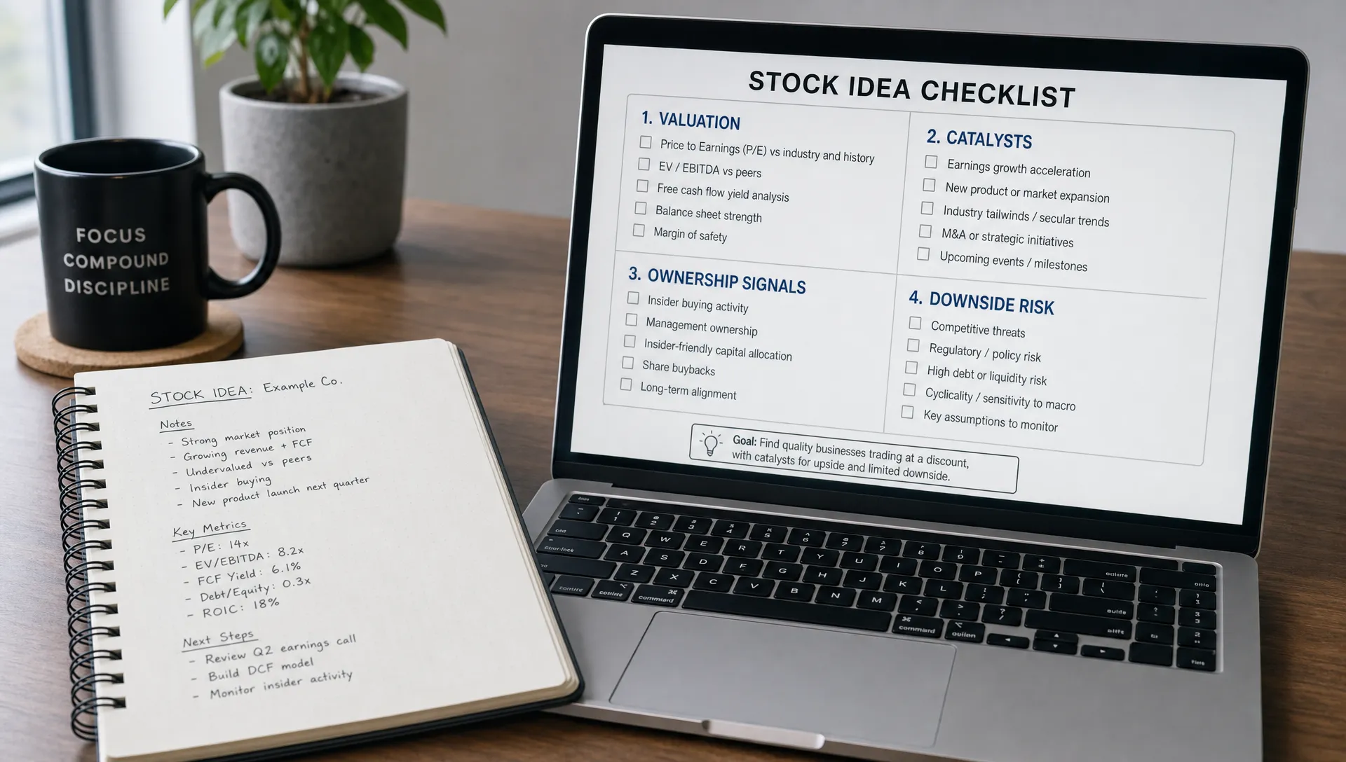 An investor notebook and laptop show a checklist for testing a stock idea, with valuation, catalysts, ownership signals, and downside risk sections.