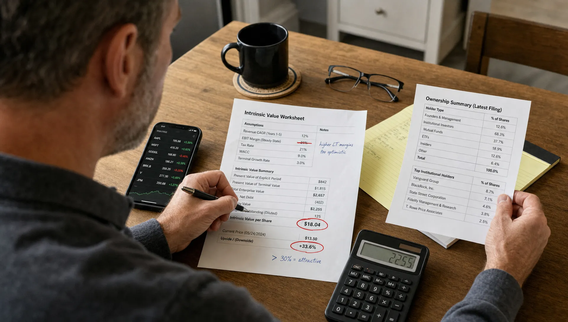 An investor marks up a valuation worksheet and ownership summary while testing a stock idea at a kitchen table.