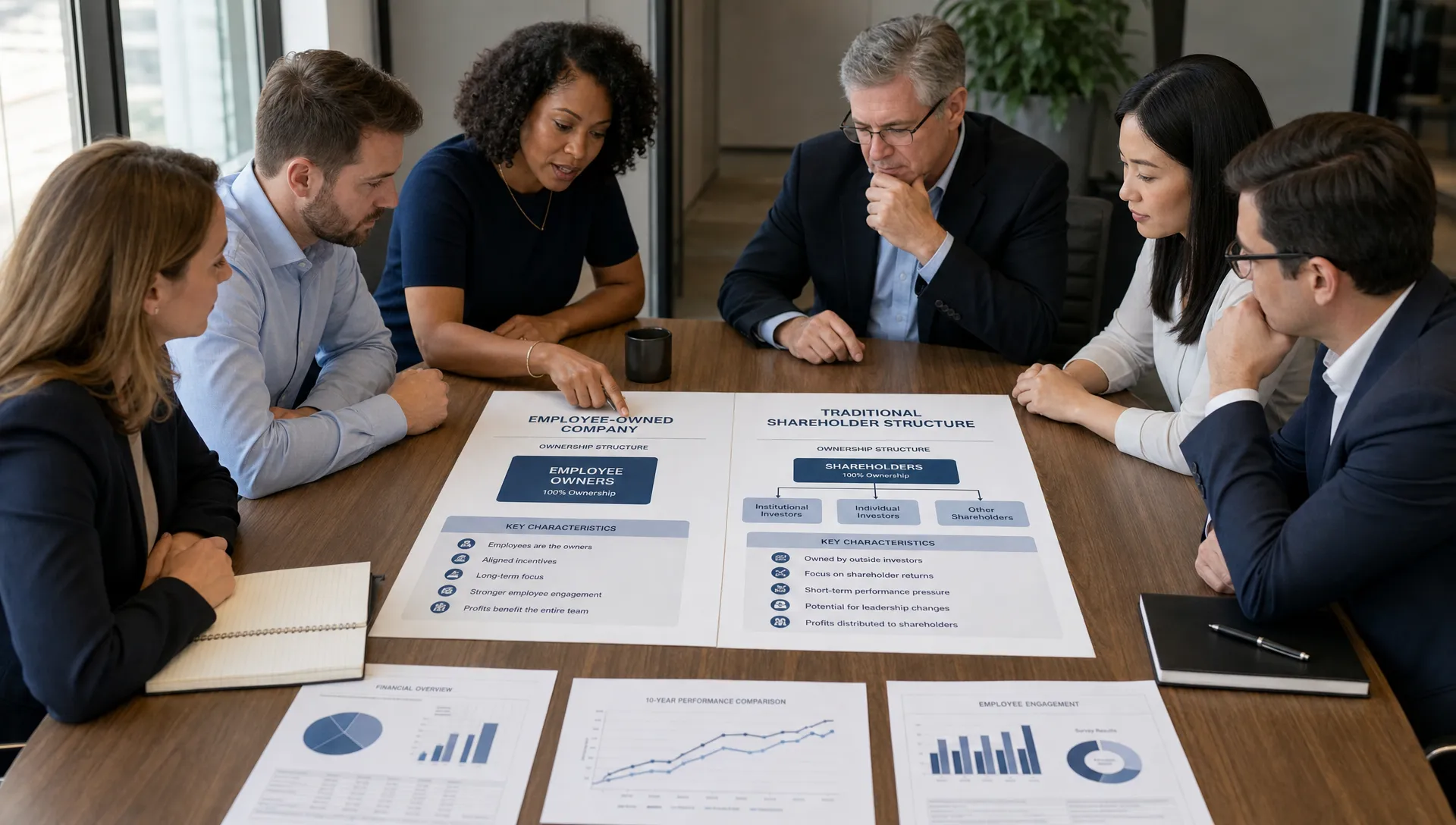 Employees and investors reviewing a side-by-side comparison of ownership models, with one side representing an employee-owned company and the other representing a traditional shareholder structure, shown on a conference-room table with printed plan documents and ownership charts spread out between them.