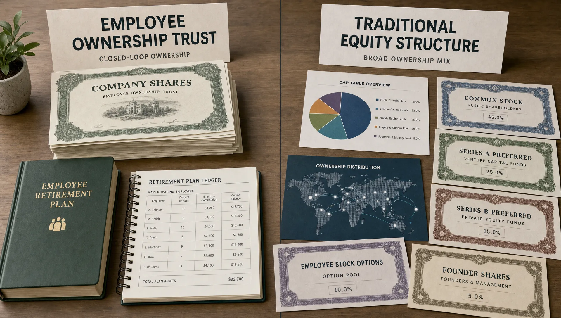 A conceptual landscape scene of an ownership structure split into two contrasting halves: on one side, a closed-loop employee ownership trust with a stack of company shares and a retirement plan ledger; on the other, a broader cap table with public shares, fund holdings, and option certificates arranged like a market ownership map. The setting is a clean editorial tabletop with no people, emphasizing the difference between broad employee participation and traditional equity structures.