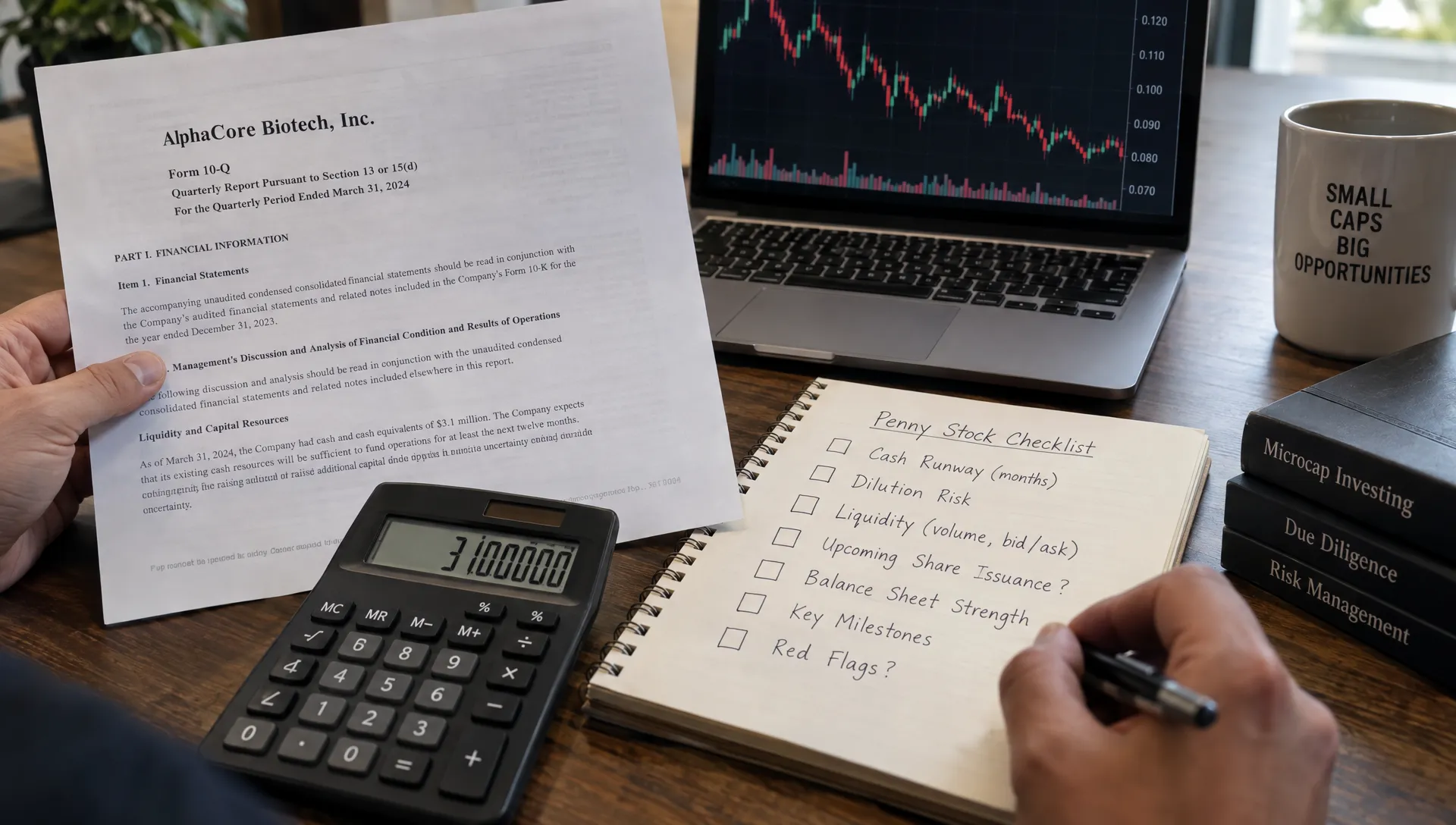 A printed company filing and handwritten checklist sit beside a calculator as an investor reviews penny-stock cash runway, dilution, and liquidity risks.