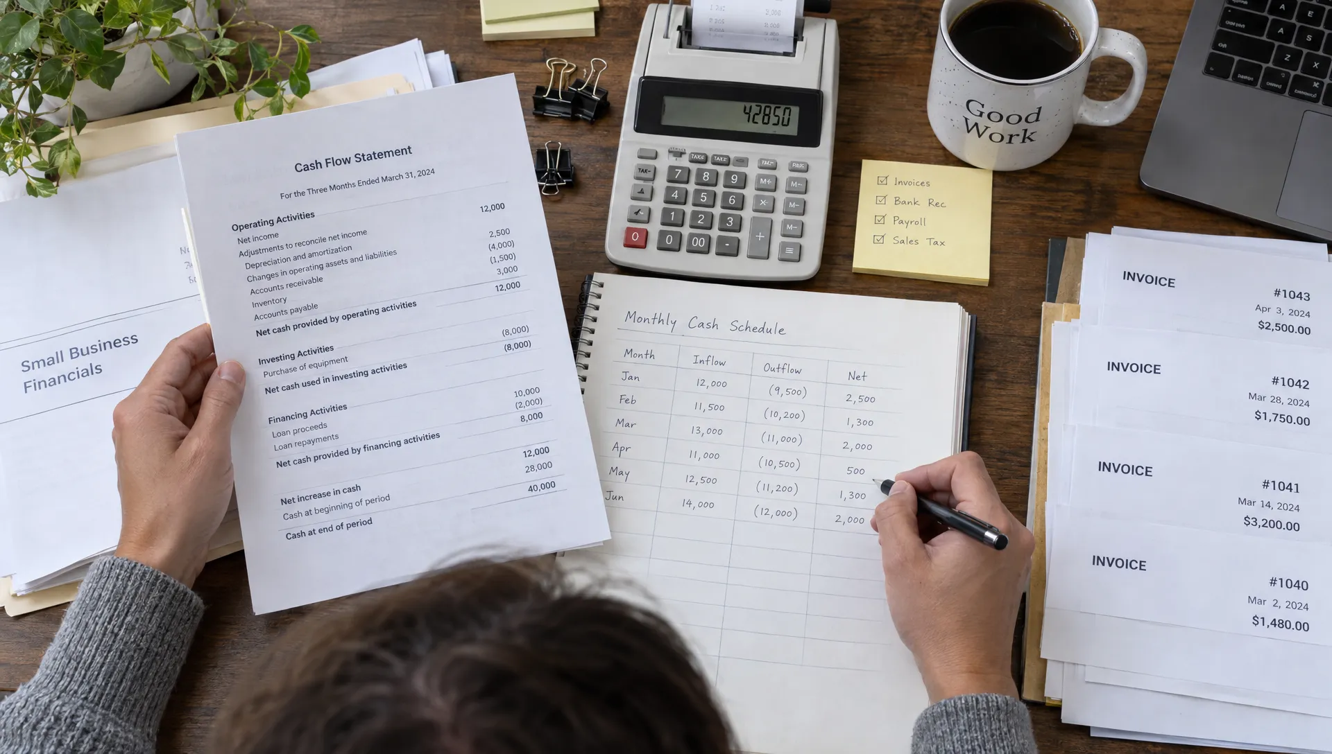 An accountant reconciles cash balances and monthly expenses to assess whether a small company can fund its next milestone.