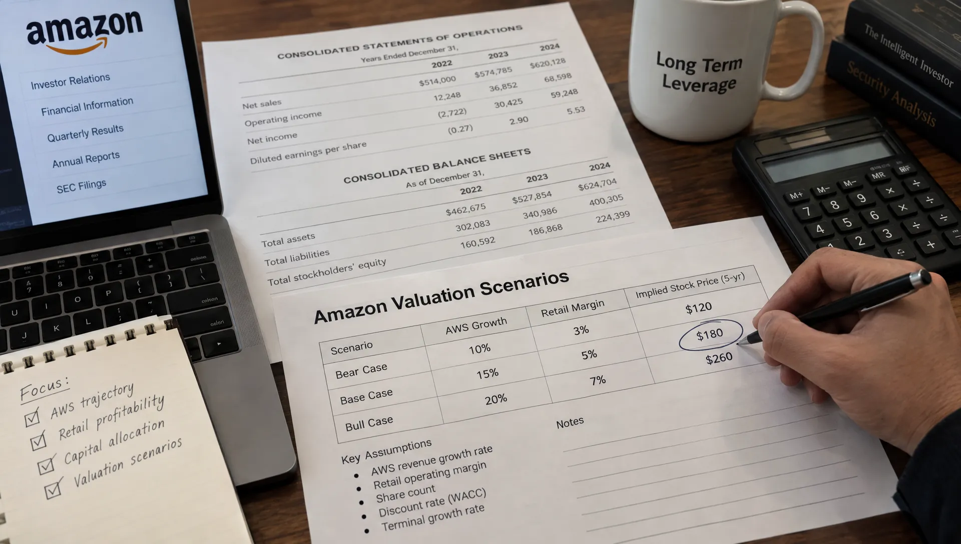 An investor’s hand marks a three-scenario valuation worksheet beside Amazon financial statements, comparing AWS growth, retail margins and potential stock outcomes.