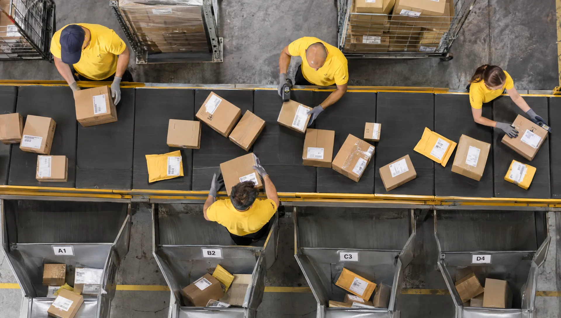 Warehouse workers sort and scan parcels on a conveyor as part of the fulfillment process behind Amazon’s retail operations.