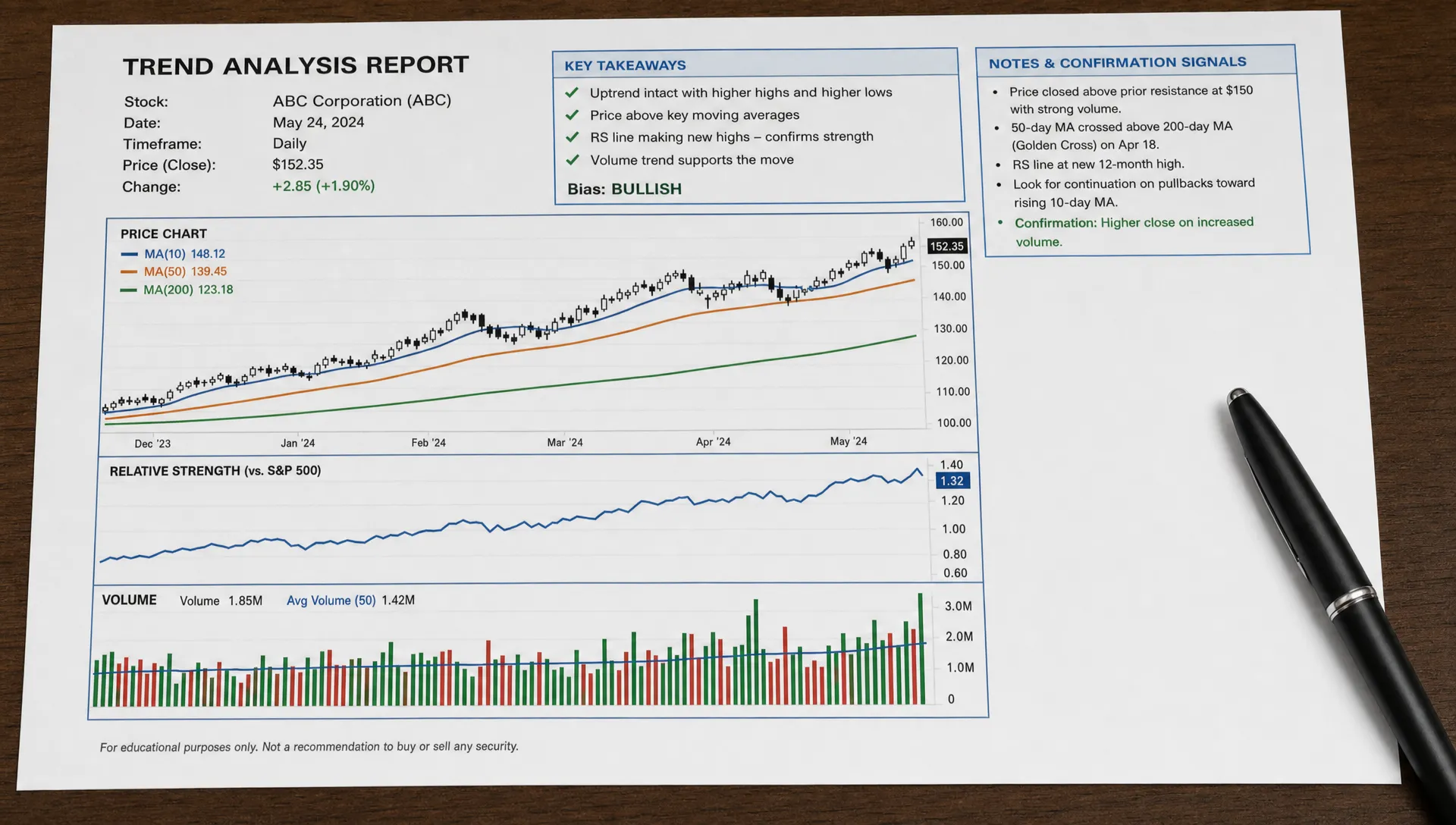 A printed trend analysis sheet showing a rising stock price, moving averages, relative strength, and volume bars with notes on confirmation signals.