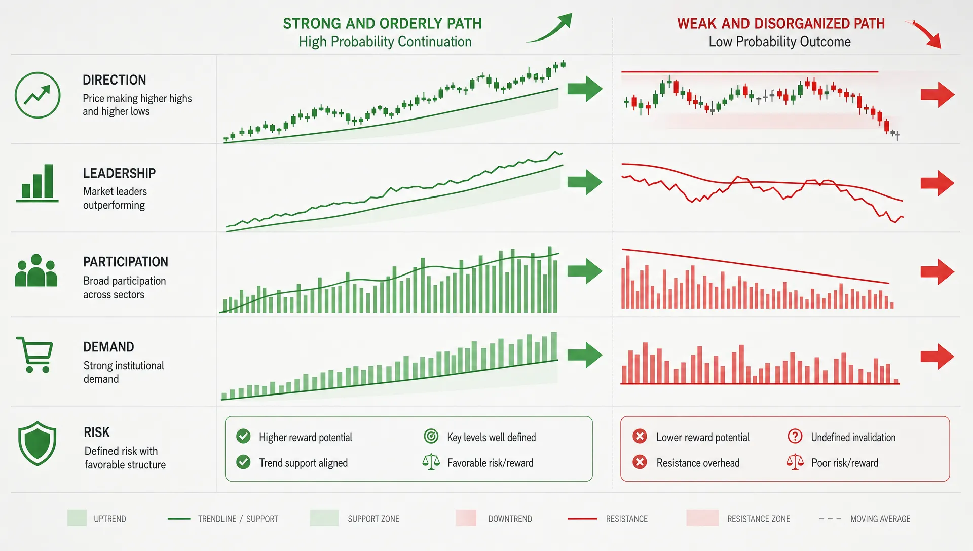 Layered trend lines and arrows show how direction, leadership, participation, demand, and risk confirm a move.