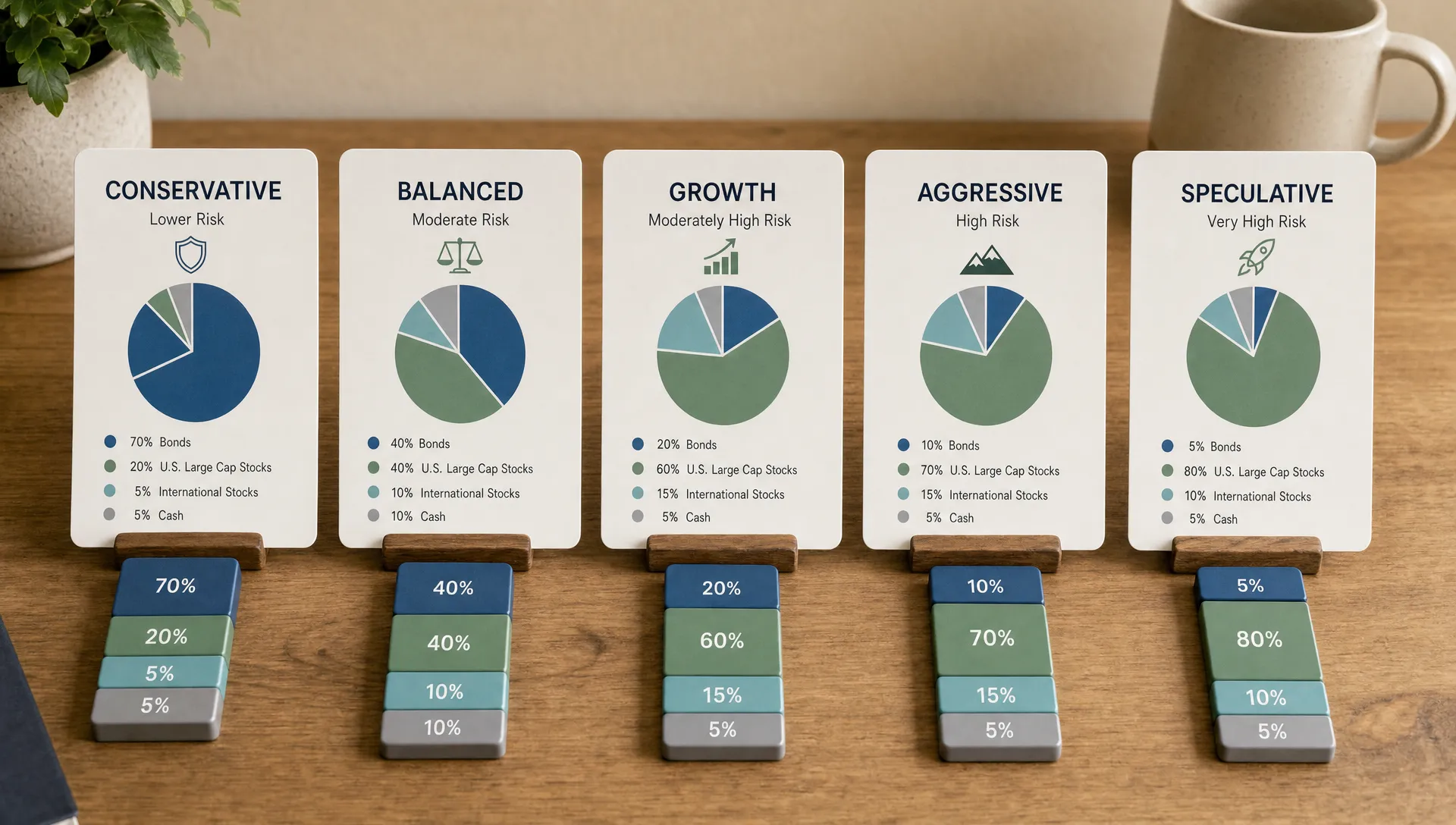 A clean tabletop scene shows five labeled portfolio cards for conservative, balanced, growth, aggressive and speculative risk levels with small allocation stacks beside each one.