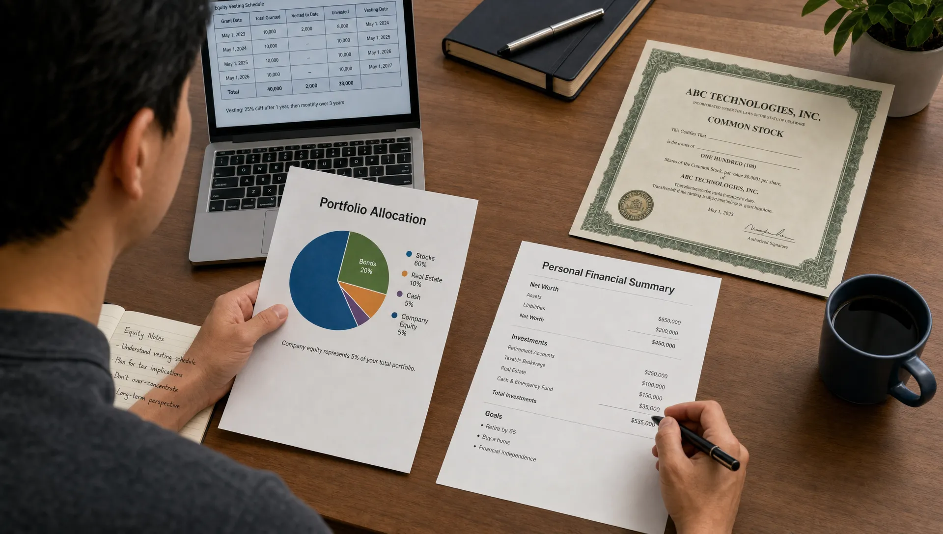 An employee reviewing financial papers at a desk with a vesting calendar, a simple portfolio allocation chart, and a stock certificate, showing how company equity fits into personal finances.