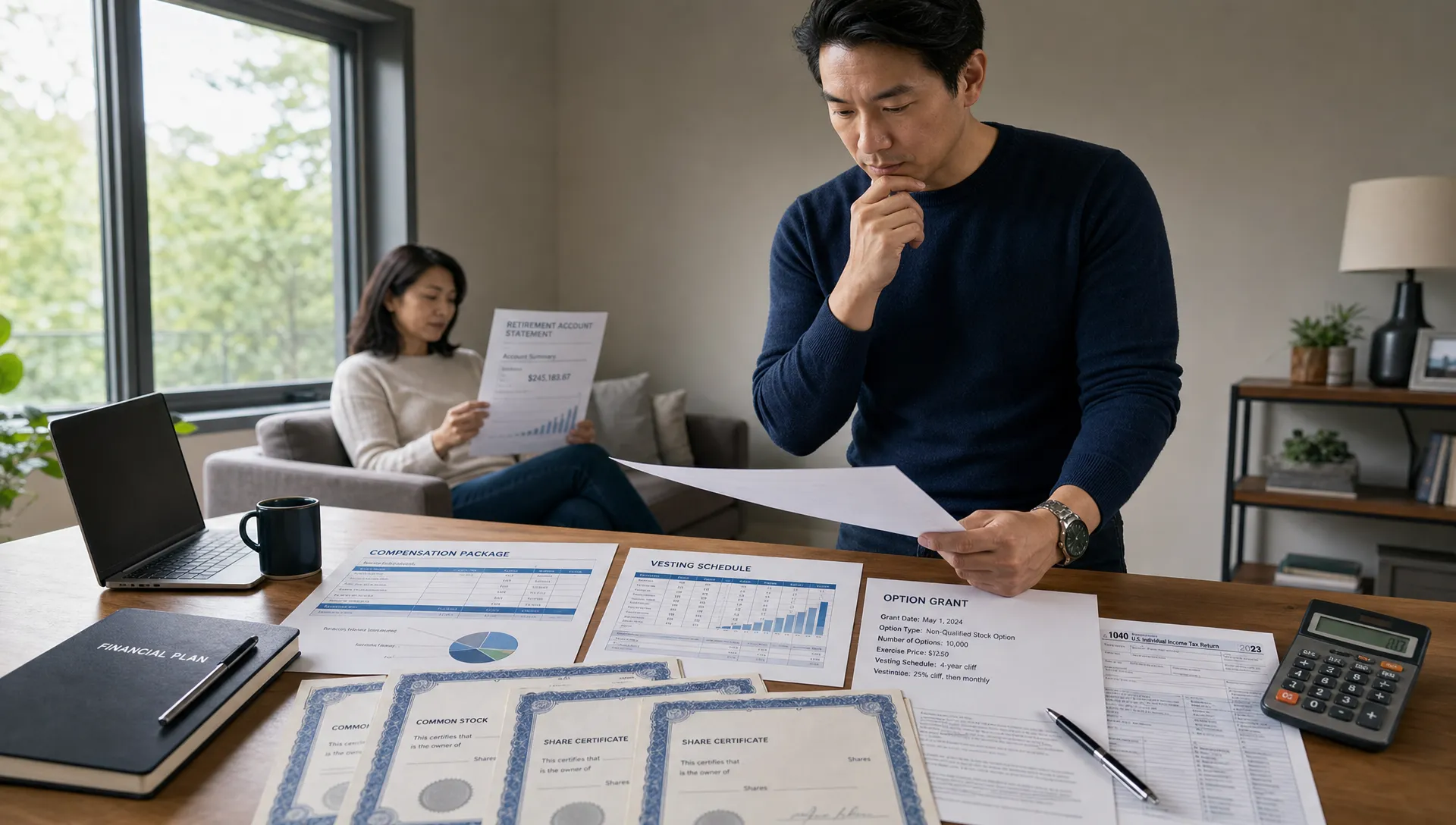 A wide, landscape-oriented scene showing an employee compensation package laid out beside personal finance items: a vesting schedule document, option grant papers, a calculator, a tax form, and a few share certificates on a table near a window. One adult is standing beside the table reviewing the papers with a thoughtful expression, while a second adult is in the background consulting a separate retirement account statement, creating a contrast between workplace equity and long-term financial planning.