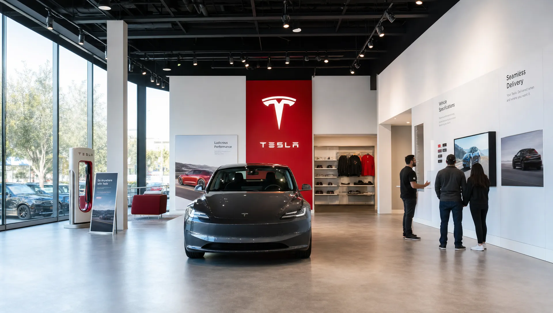A Tesla showroom with a car in the center and customers near the windows, reflecting how Tesla stock ownership has grown from niche to mainstream.