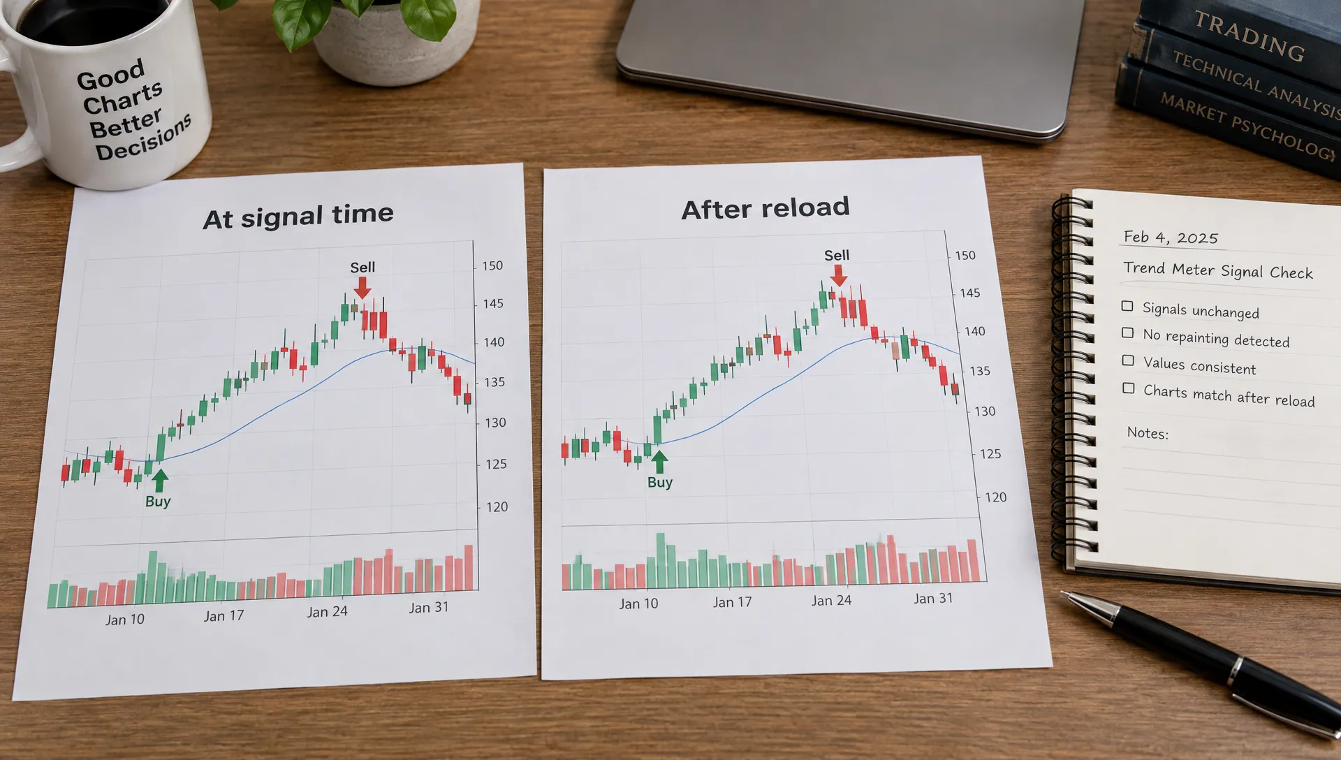 Two printed candlestick charts labeled “At signal time” and “After reload” lie beside a dated journal on a worktable, documenting whether a trend meter's historical signals changed.