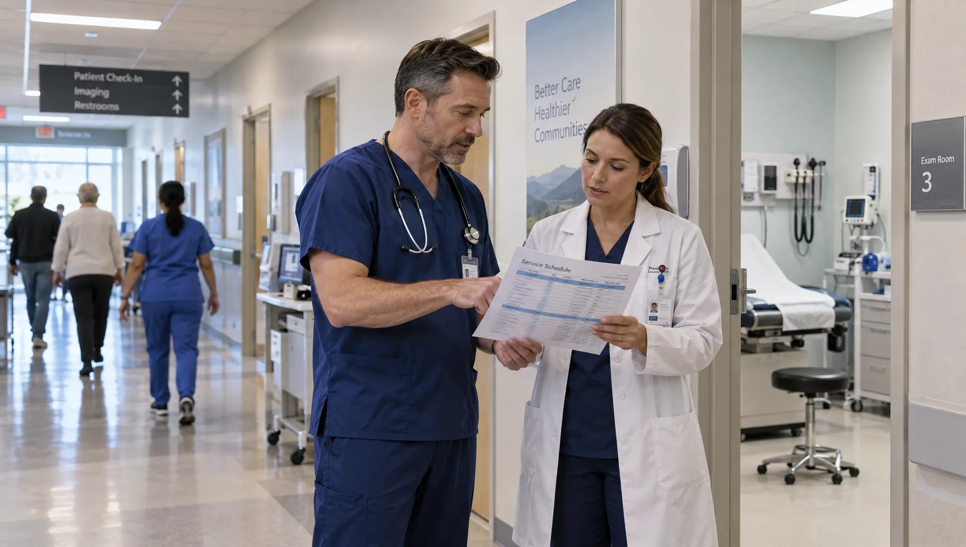 Clinicians review a staffing schedule in a busy healthcare clinic, where service capacity shapes the economics investors need to assess.