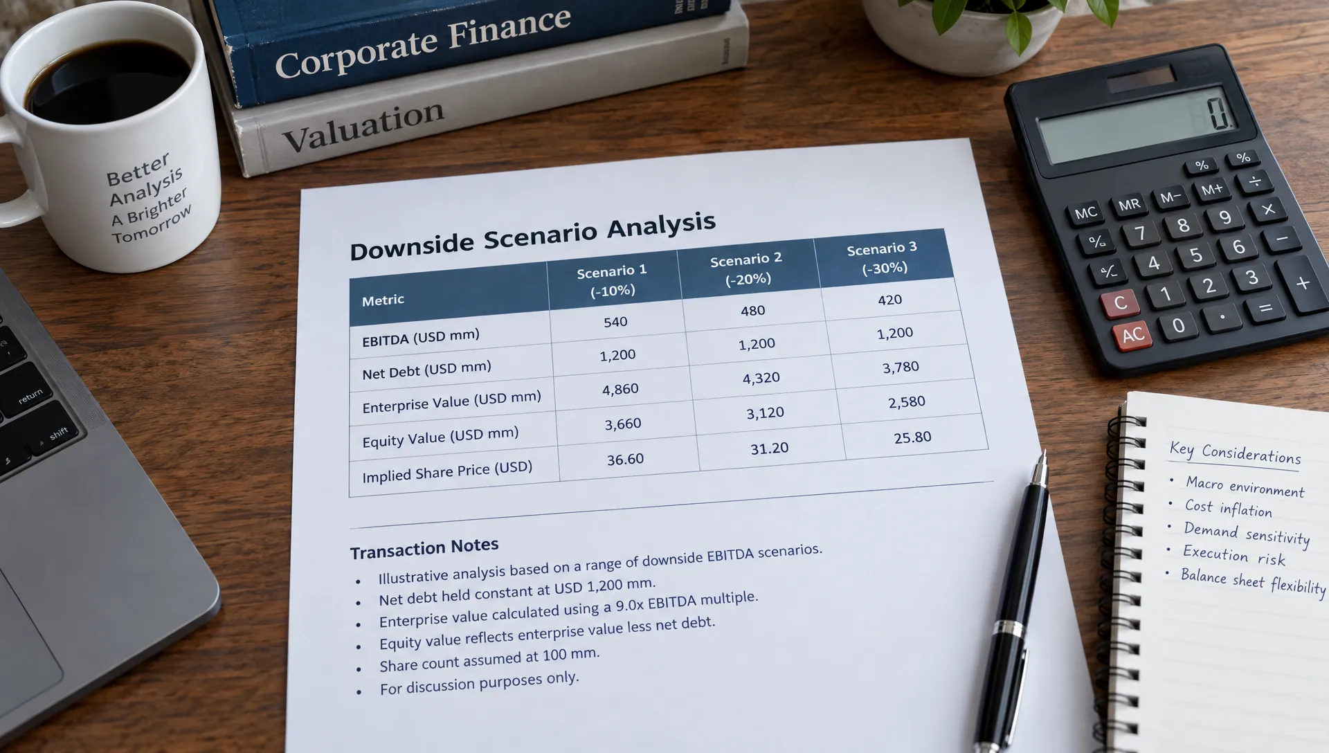 Overhead view of a worksheet comparing EBITDA, net debt and equity value across three downside scenarios, with transaction notes and a calculator on the research desk.
