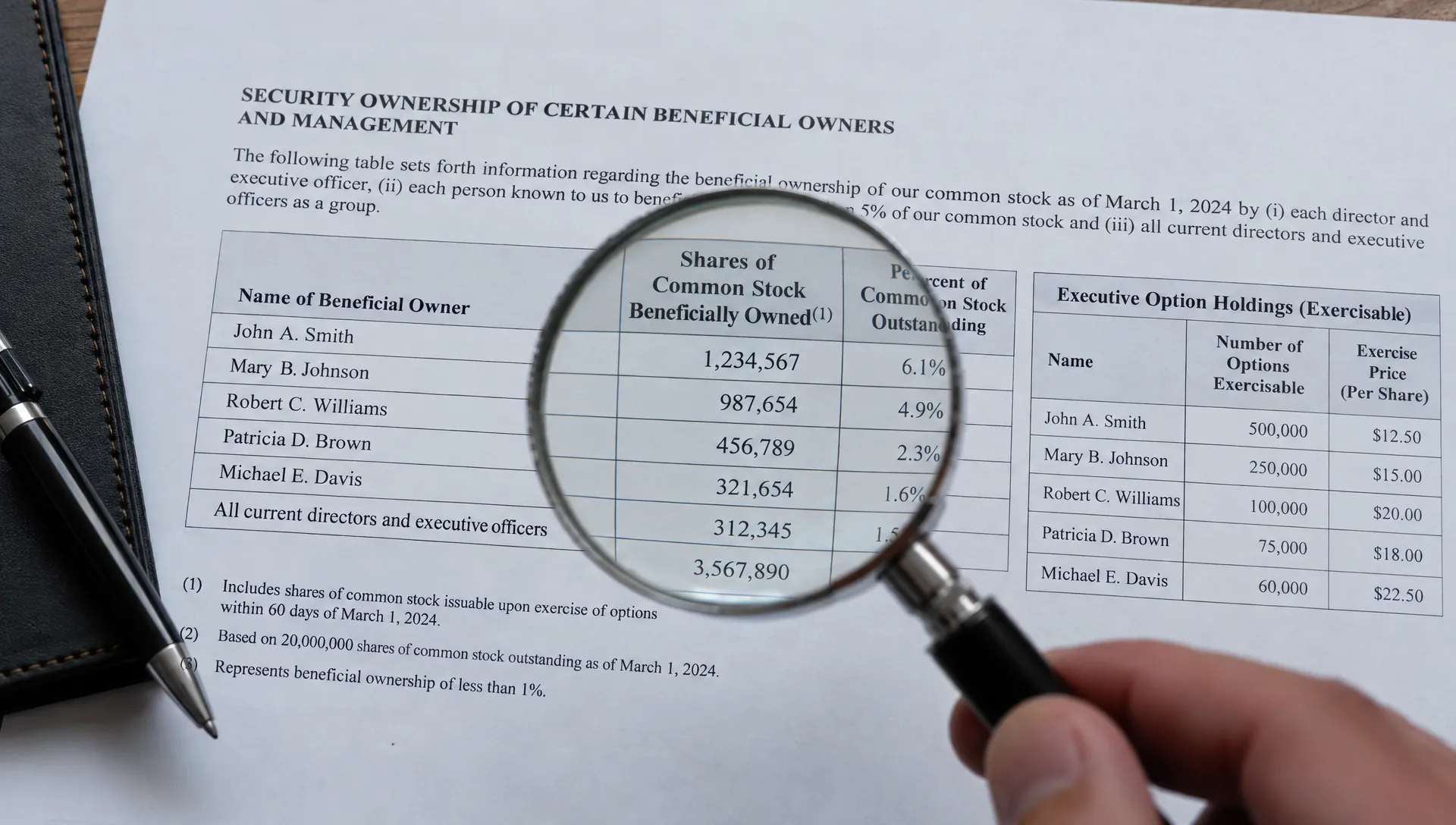 Close view of a printed SEC ownership table and its footnotes beside an executive’s exercisable-option details, as an investor traces the share count with a magnifying glass.