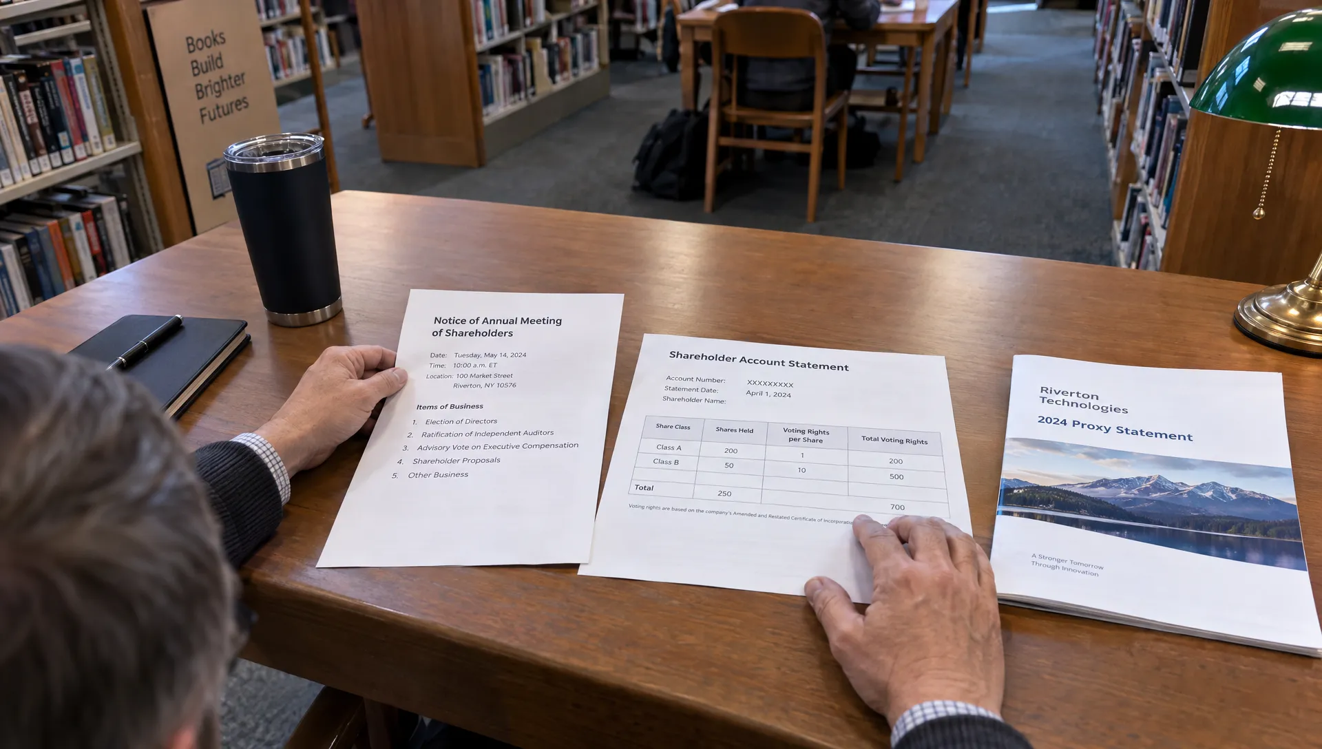 An investor reviews a company proxy booklet and shareholding statement at a library table.