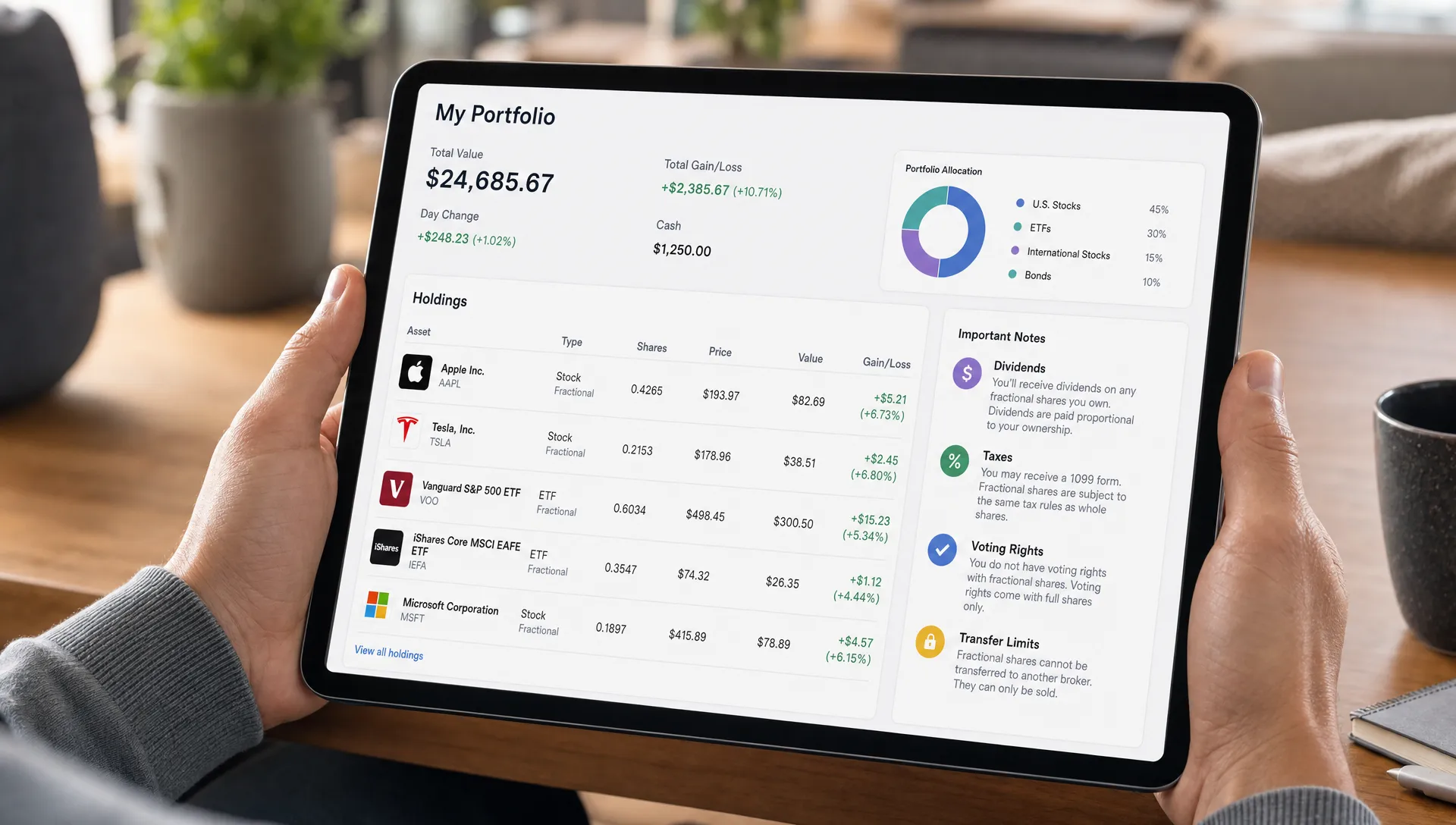 A retail investor reviewing a diversified portfolio on a tablet with screens facing the camera, showing fractional stock and ETF positions alongside notes about dividends, taxes, voting rights, and transfer limits on the same page.