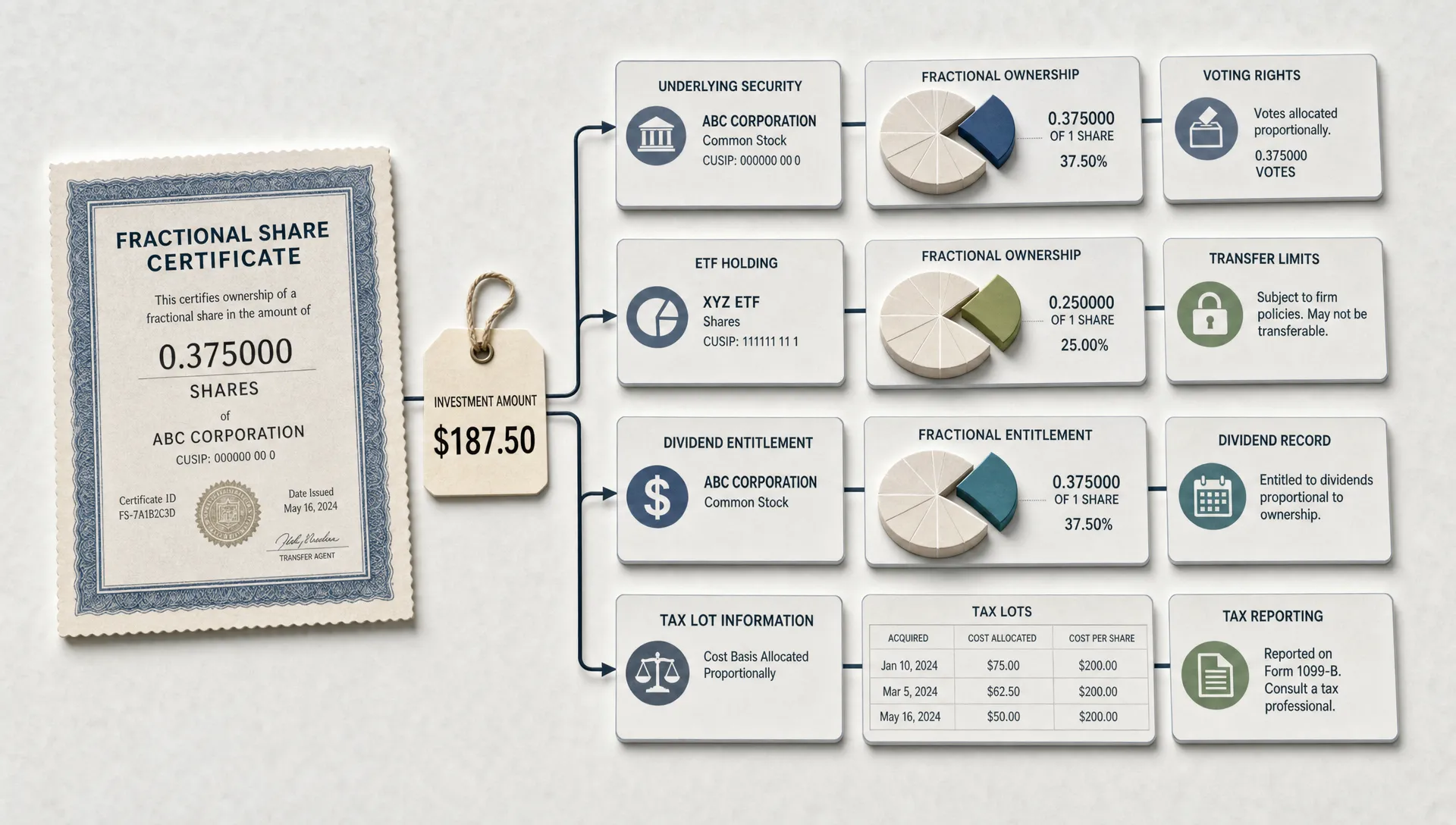 A wide conceptual scene of a single fractional share certificate and a dollar amount tag branching into small ownership slices for a stock, ETF, and dividend record, with subtle markers for voting rights, transfer limits, and tax lots arranged like an analytical map on a clean neutral surface. No people are present; the composition should feel like a clear explanation of fractional ownership mechanics, with the fractional share structure as the hero element rather than a desk or dashboard.