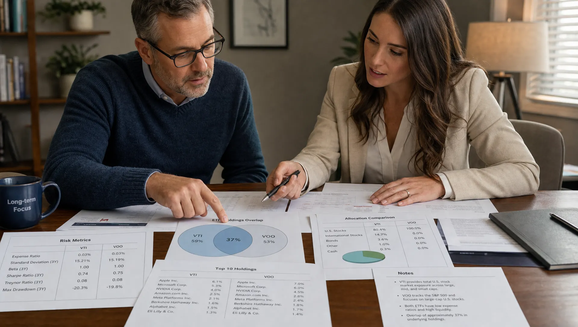An investor and planner review ETF fact sheets, holdings overlap, and allocation notes in a meeting room.