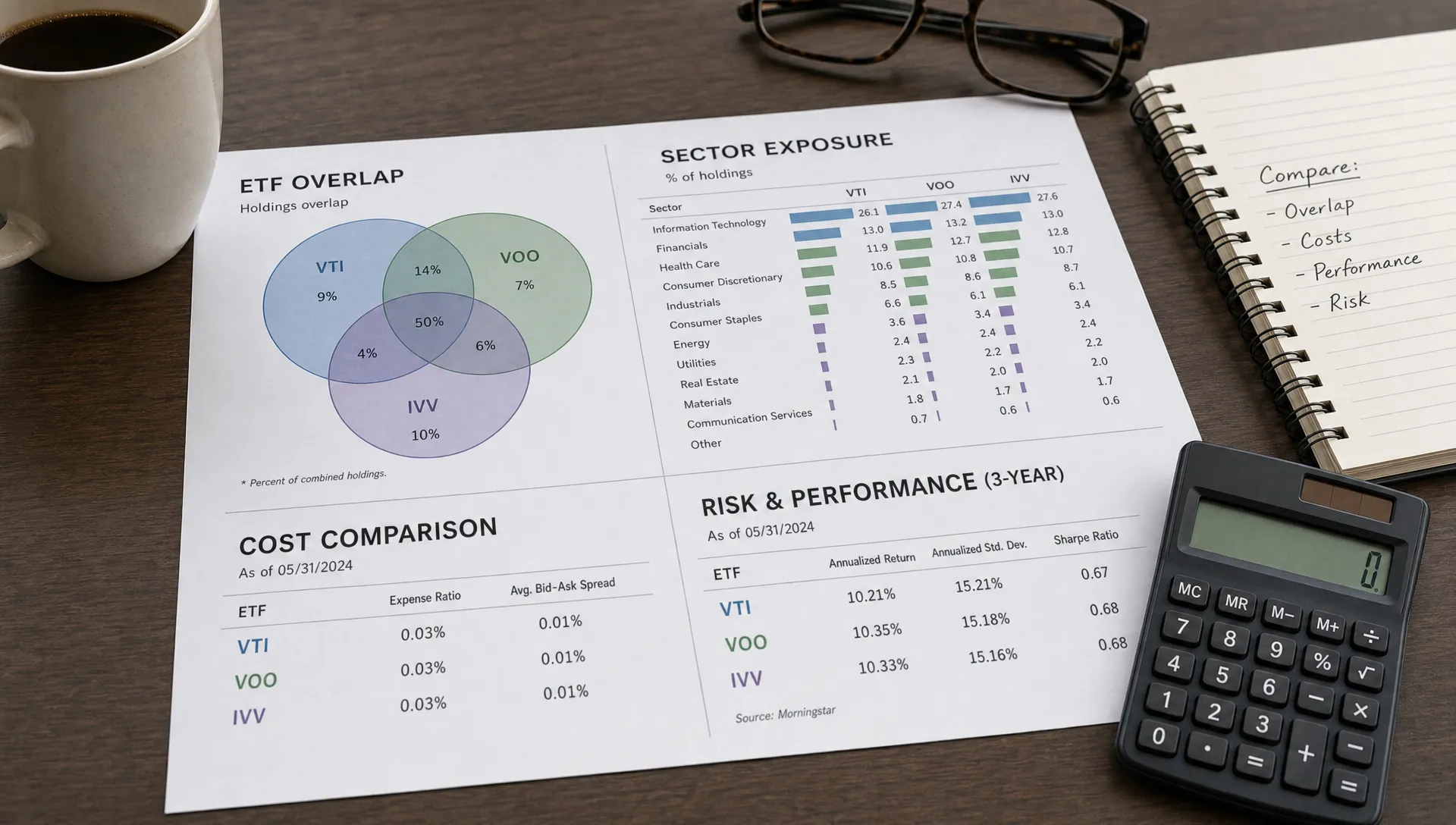 Printed ETF charts show overlap, sector exposure, costs, and risk metrics beside a notebook and calculator.