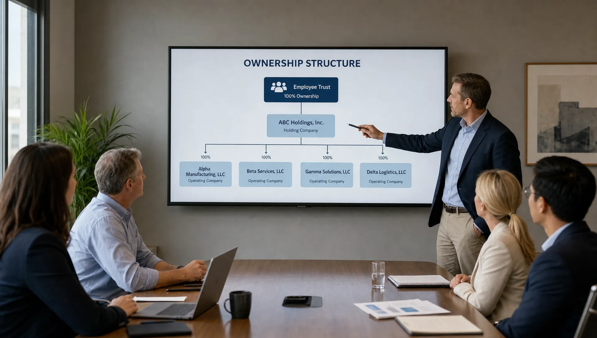 A conference table review shows an ownership chart linking an employee trust to several operating businesses through a holding company.