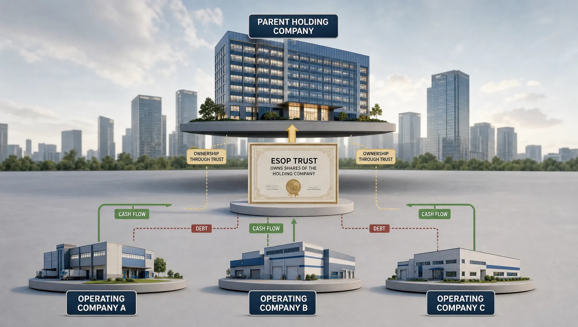 A holding company icon connects operating businesses to an ESOP trust through cash flow and ownership arrows.