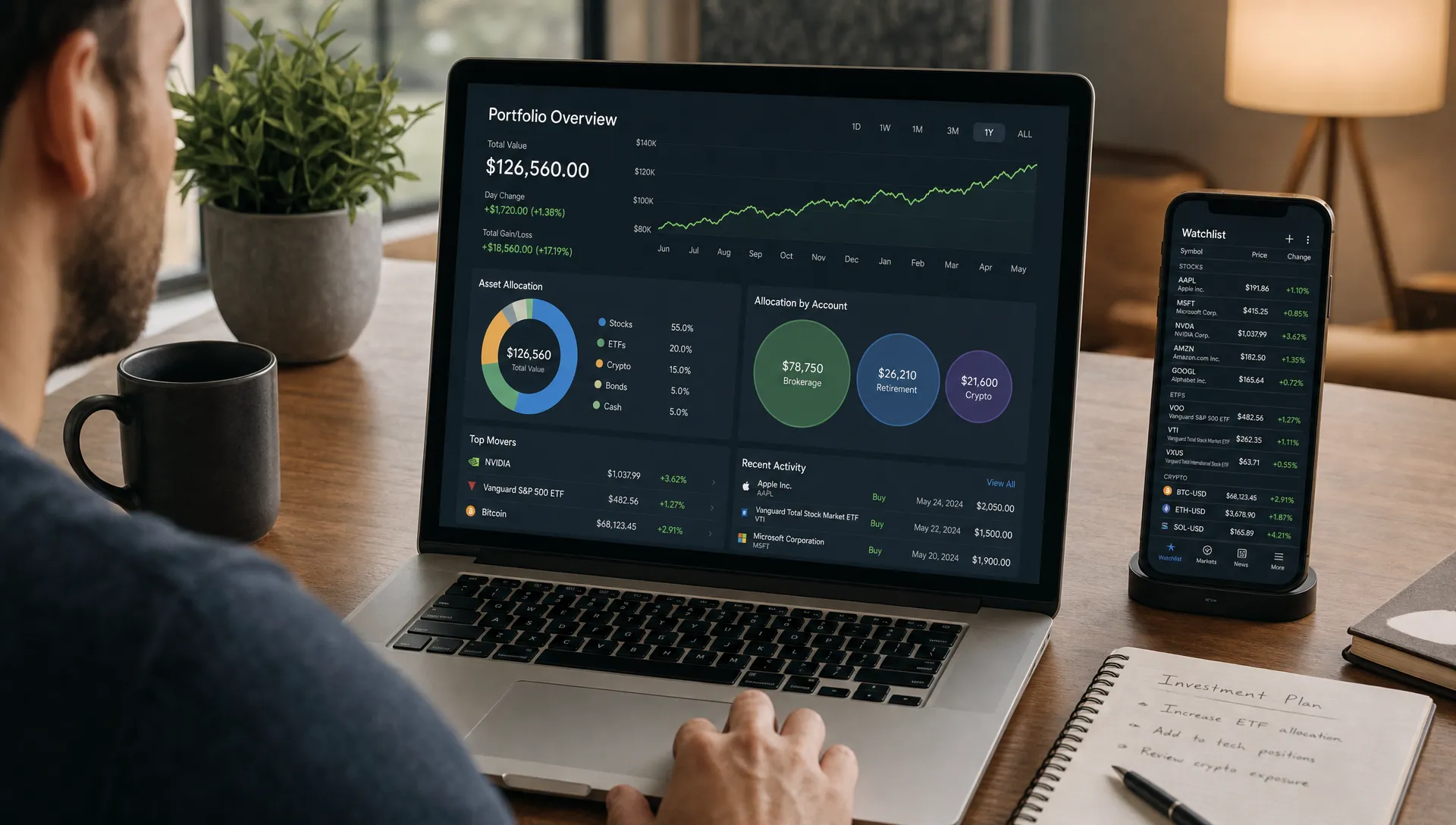 A medium indoor scene of an adult investor at a table reviewing a portfolio dashboard on a laptop, with the screen facing the camera and showing charts, allocation bubbles, and rising trend lines, while a separate watchlist of stocks, funds, and crypto assets sits beside it.