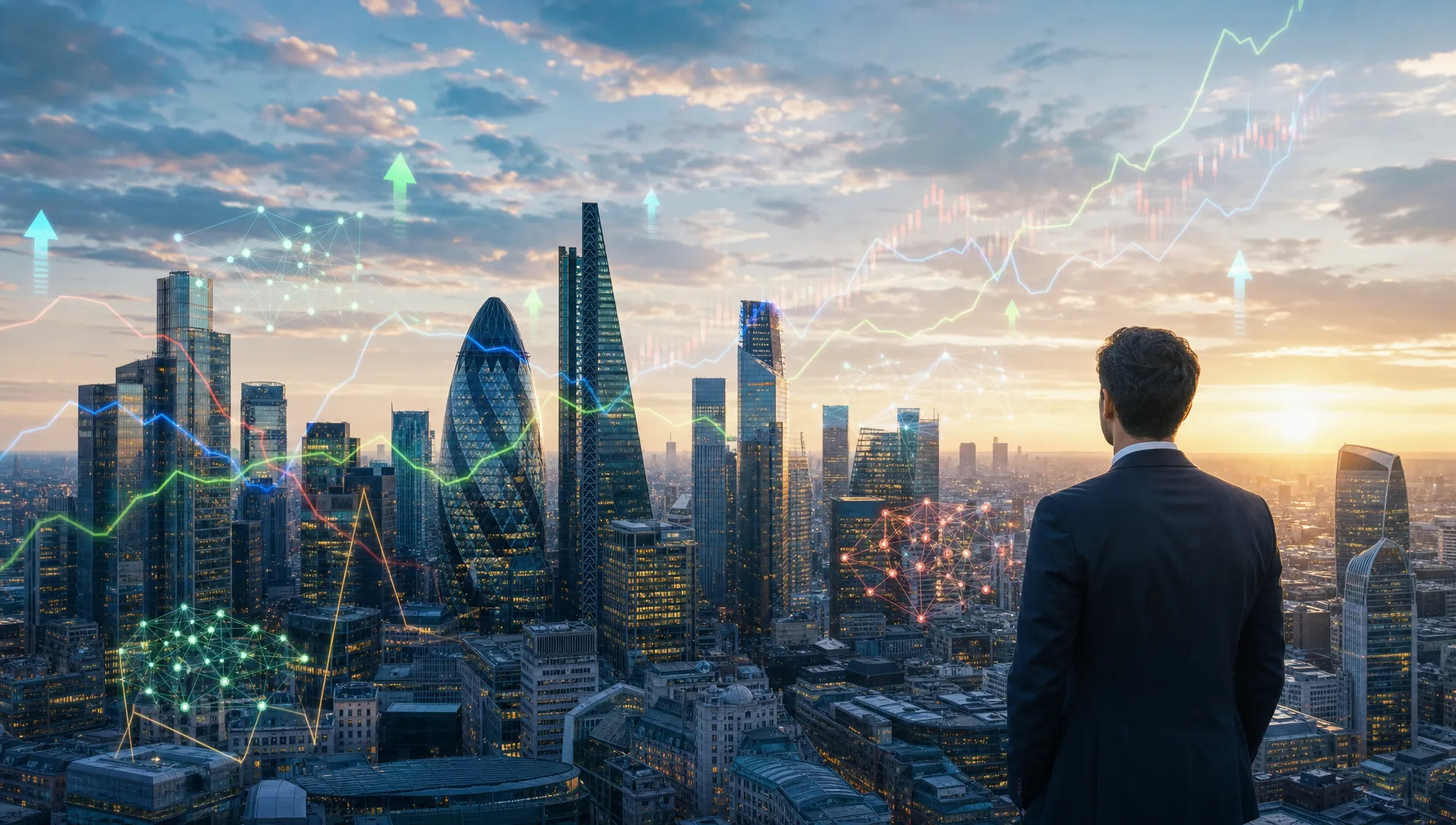 A wide outdoor scene of an investor looking out over a busy exchange district skyline at dawn, with translucent layers of rising price paths, ownership clusters, and sector arrows floating above the city to represent early trend detection and capital flow. The composition should feel like a market signal emerging in the real world, with the skyline as the hero setting and no desk, dashboard, or office focus.