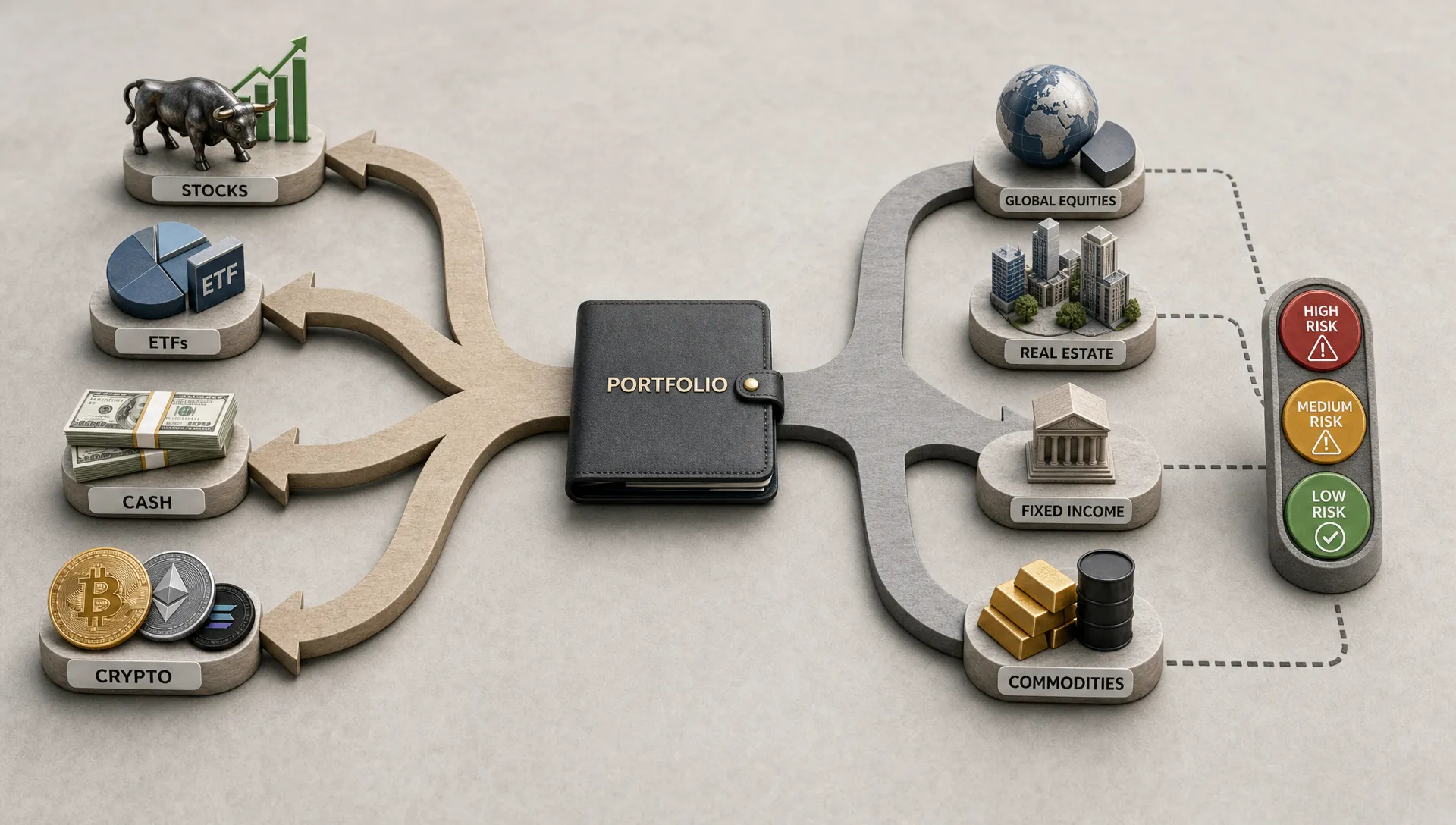 A central portfolio icon branches into stocks, ETFs, cash, and crypto, showing hidden overlap and risk concentration.