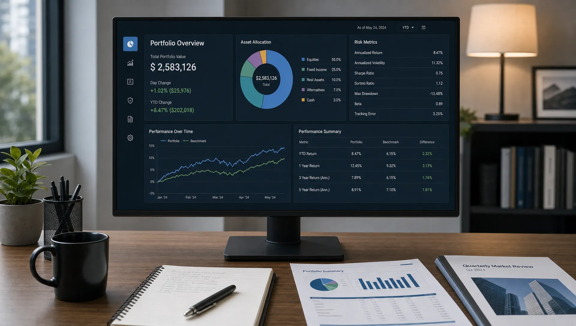 A desktop monitor shows portfolio allocation, risk metrics, and benchmark comparison charts beside notebooks and financial reports on a desk.