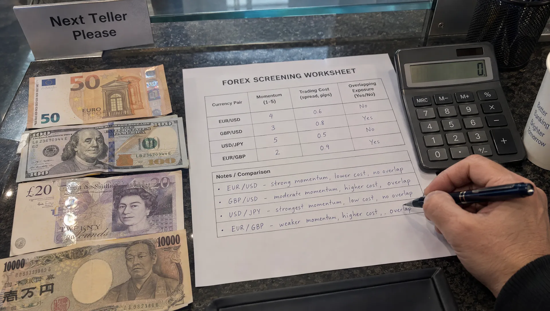 A forex screening worksheet compares currency momentum, trading costs and shared exposure beside euro, dollar, pound and yen banknotes.