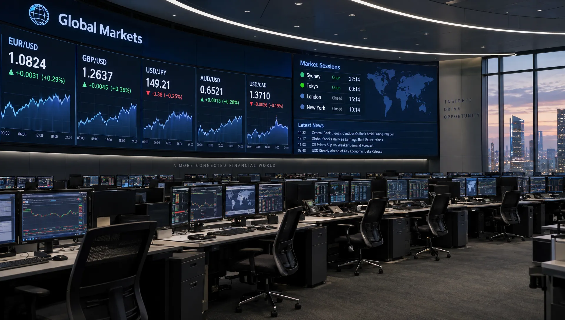 Currency charts fill a data center wall above rows of monitoring stations used to review forex market trends.