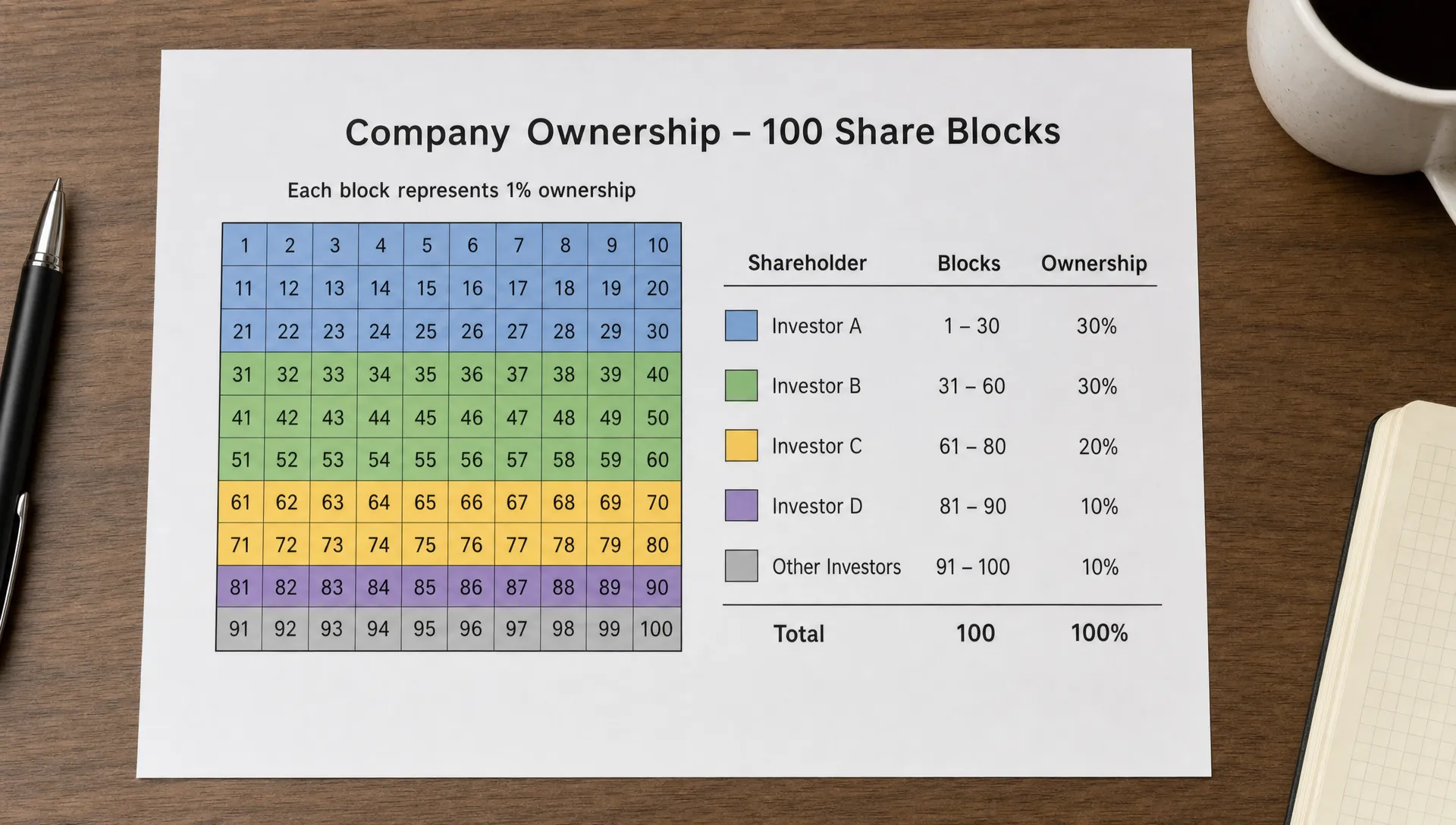 A tabletop diagram shows a company divided into 100 share blocks with different investors holding varying ownership percentages.