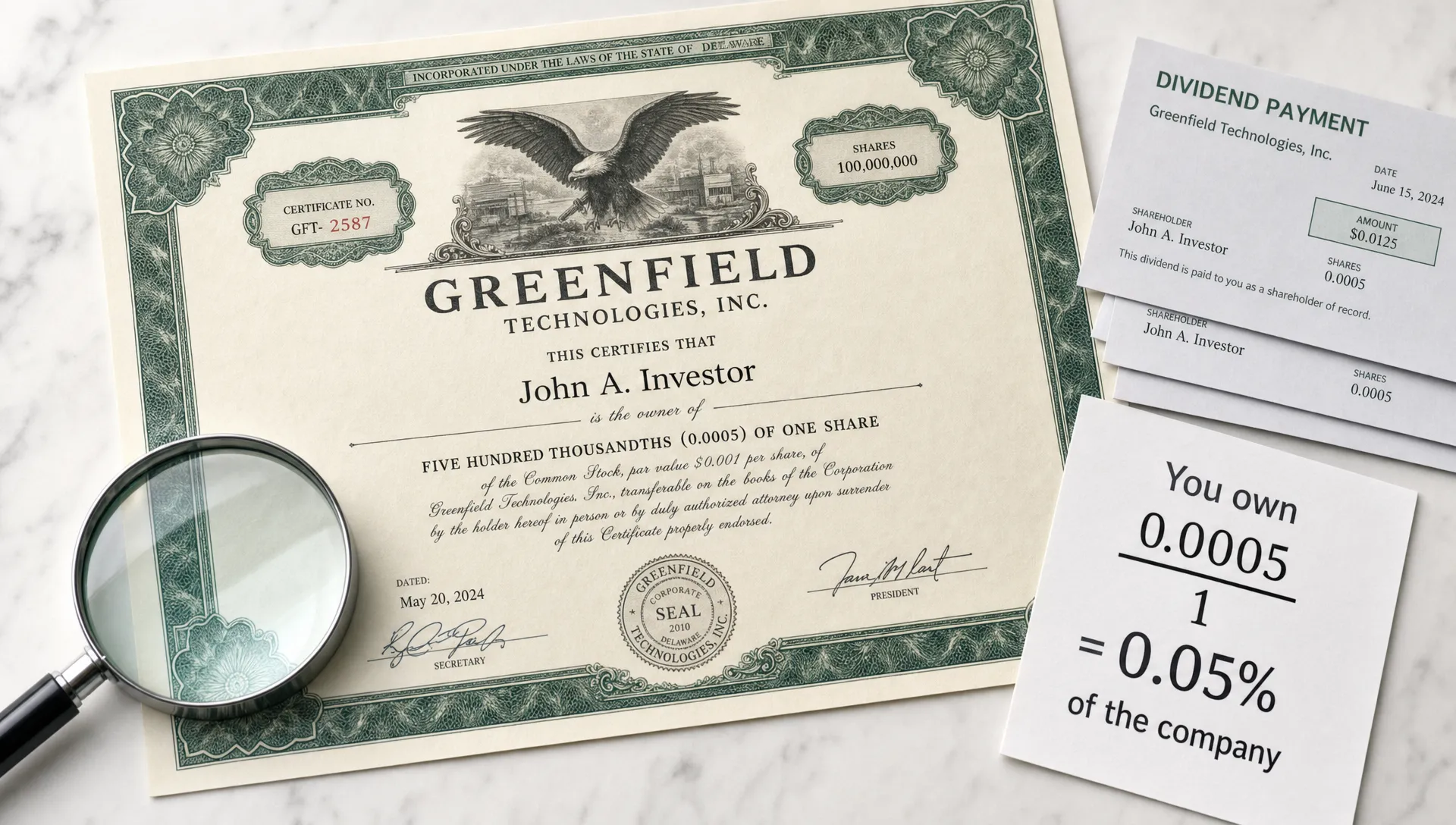 A share certificate, dividend slips, and a fraction note show fractional ownership.