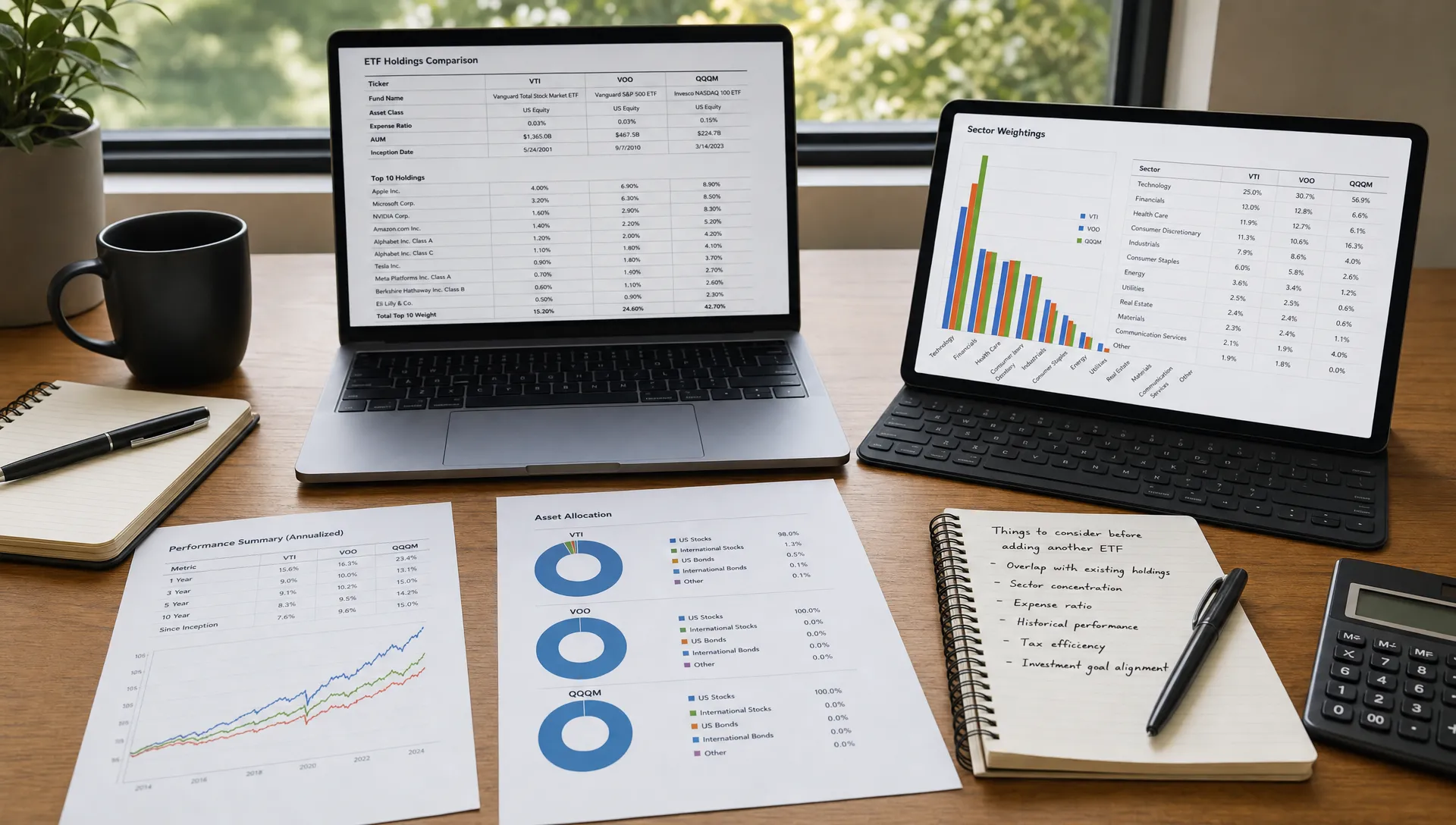 An investor workspace with ETF holdings, sector weights, and allocation charts spread out for comparing funds before adding another one.