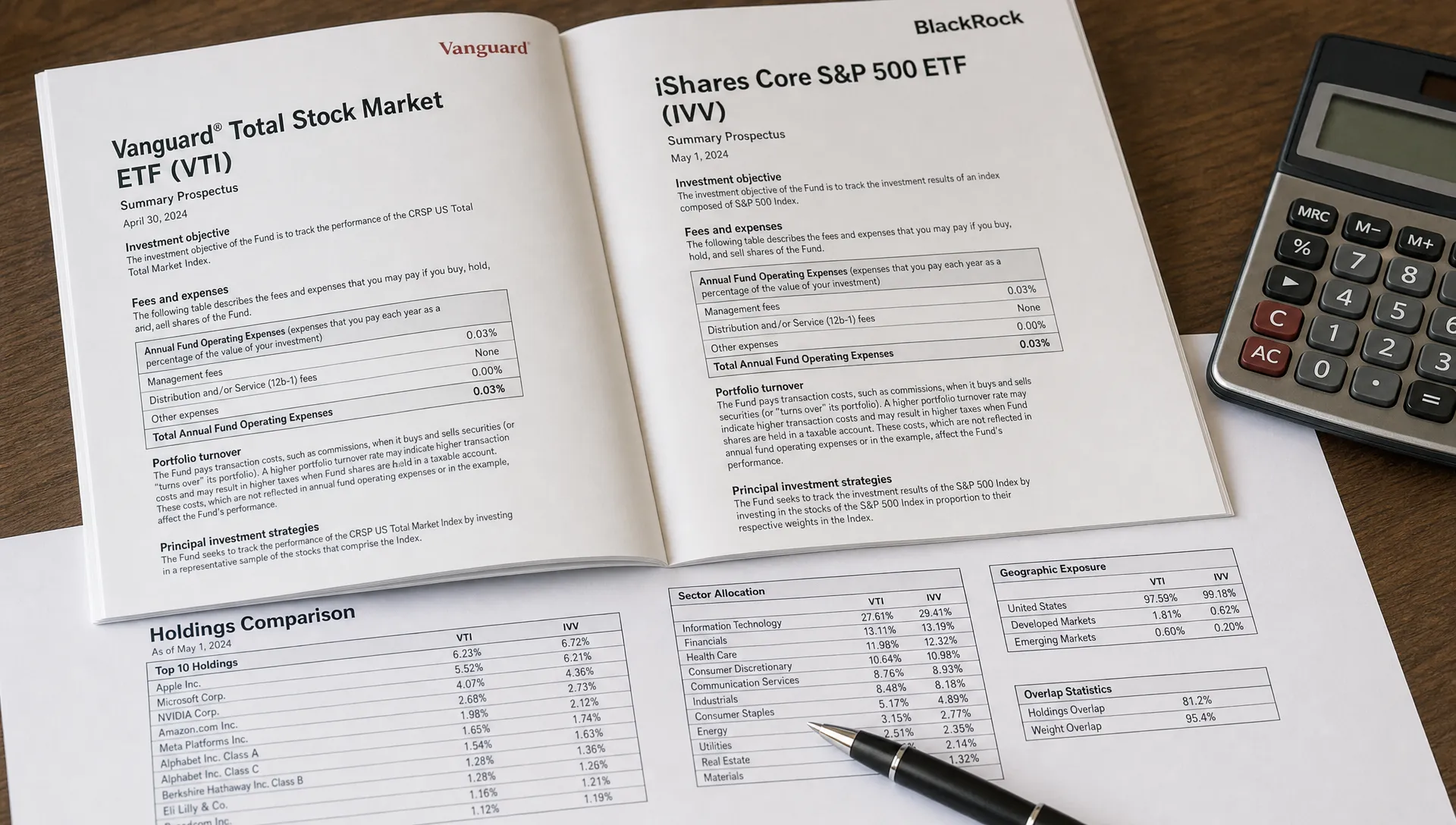 ETF prospectuses and a holdings printout are spread out for comparing overlap, fees, and exposure.