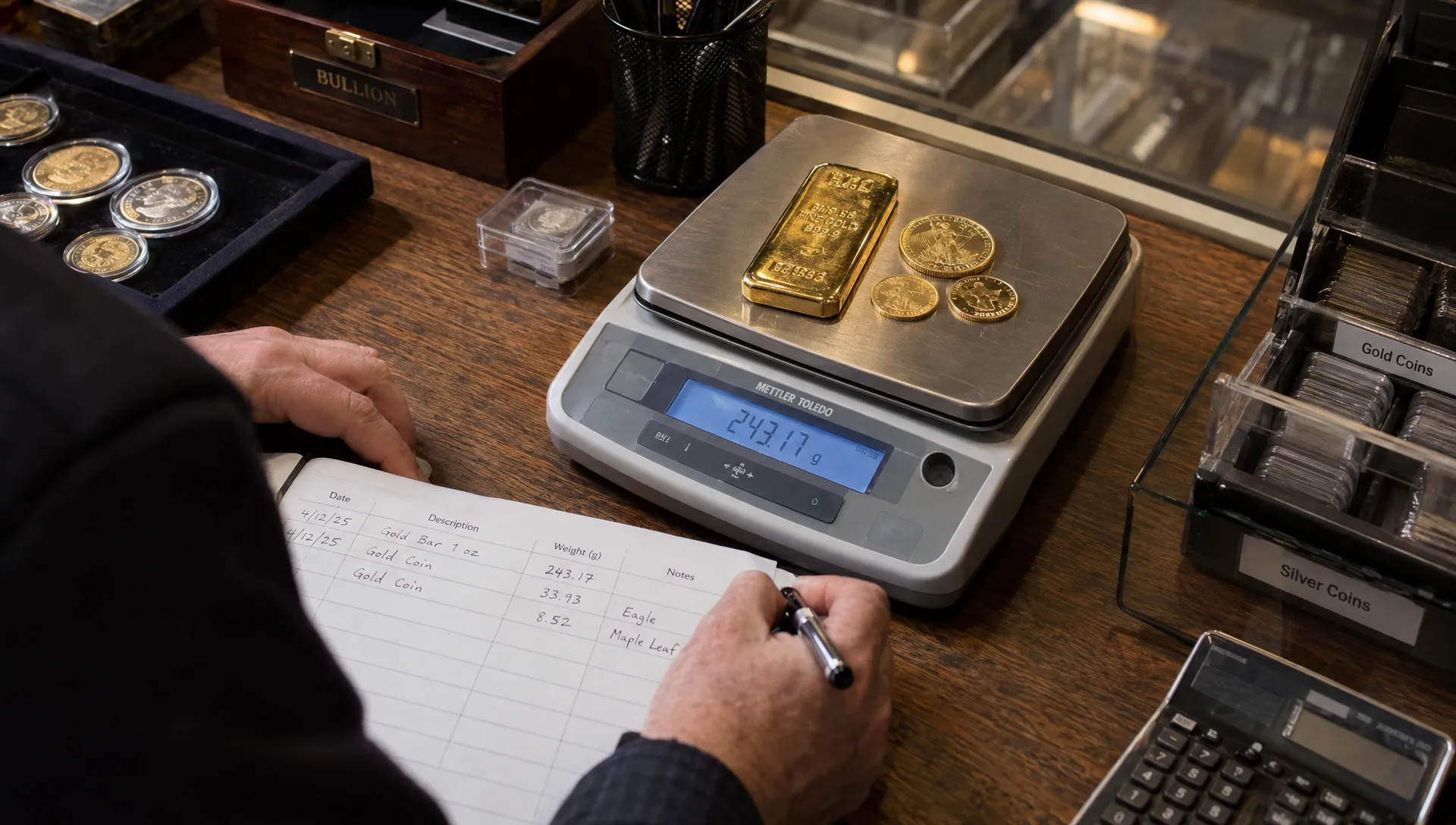 A dealer weighs a gold bar and coins while recording the result at the counter, assessing physical bullion as part of a gold trade trend.
