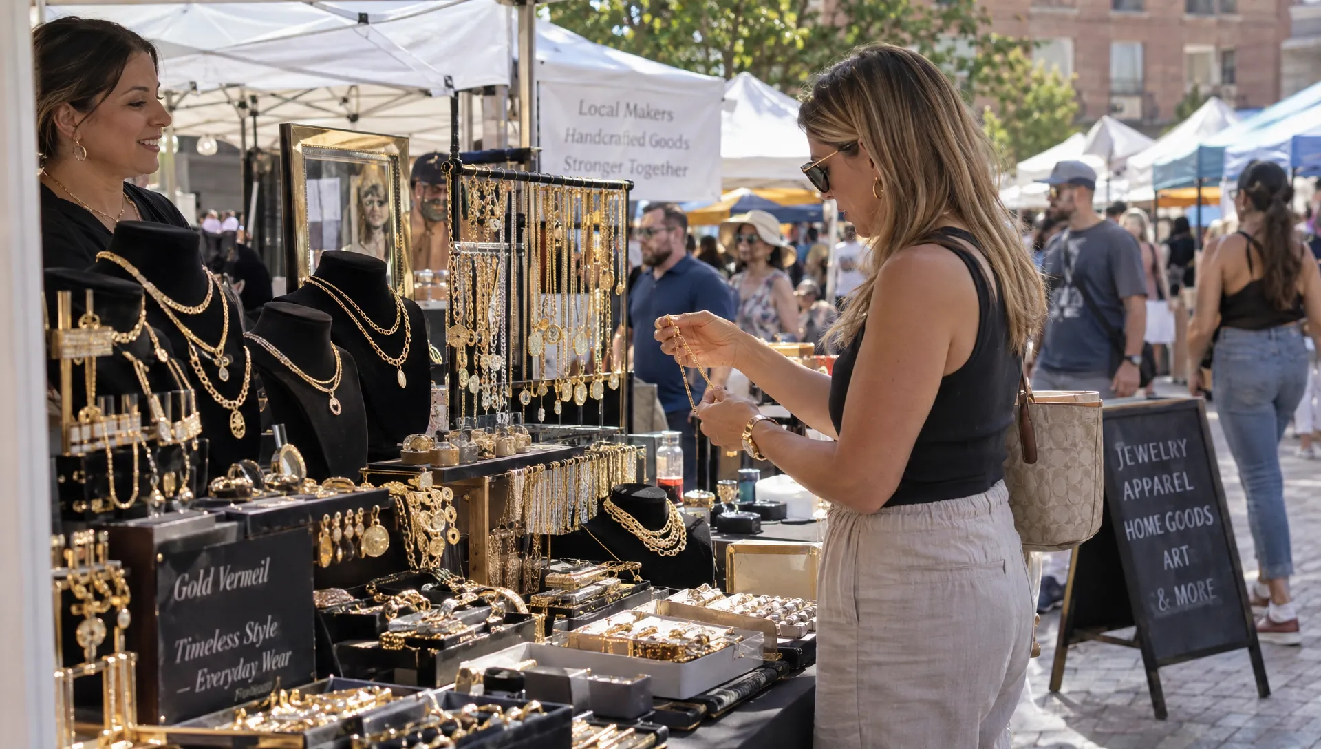 A shopper considers a gold necklace at a market stall, illustrating everyday jewelry demand alongside investment interest.