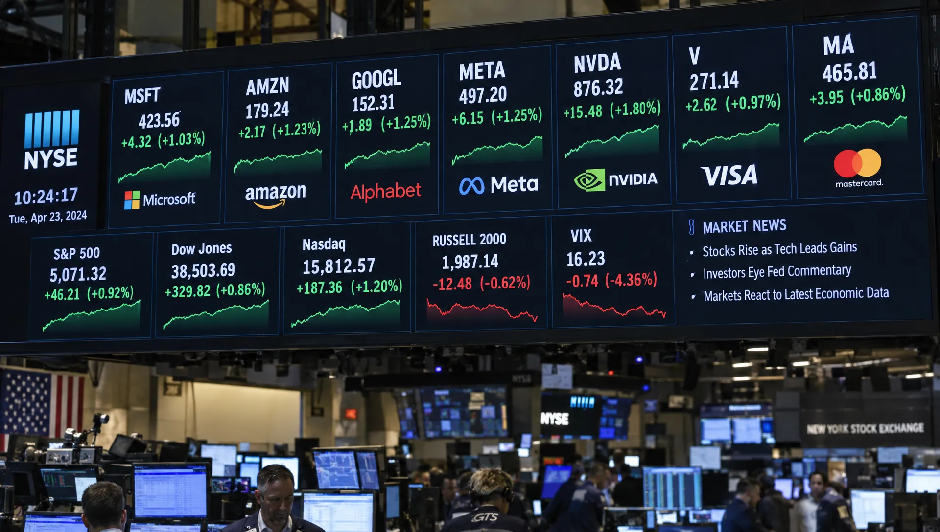 A market quote board lists Microsoft, Amazon, Alphabet, Meta, Nvidia, Visa and Mastercard among actively traded stocks.