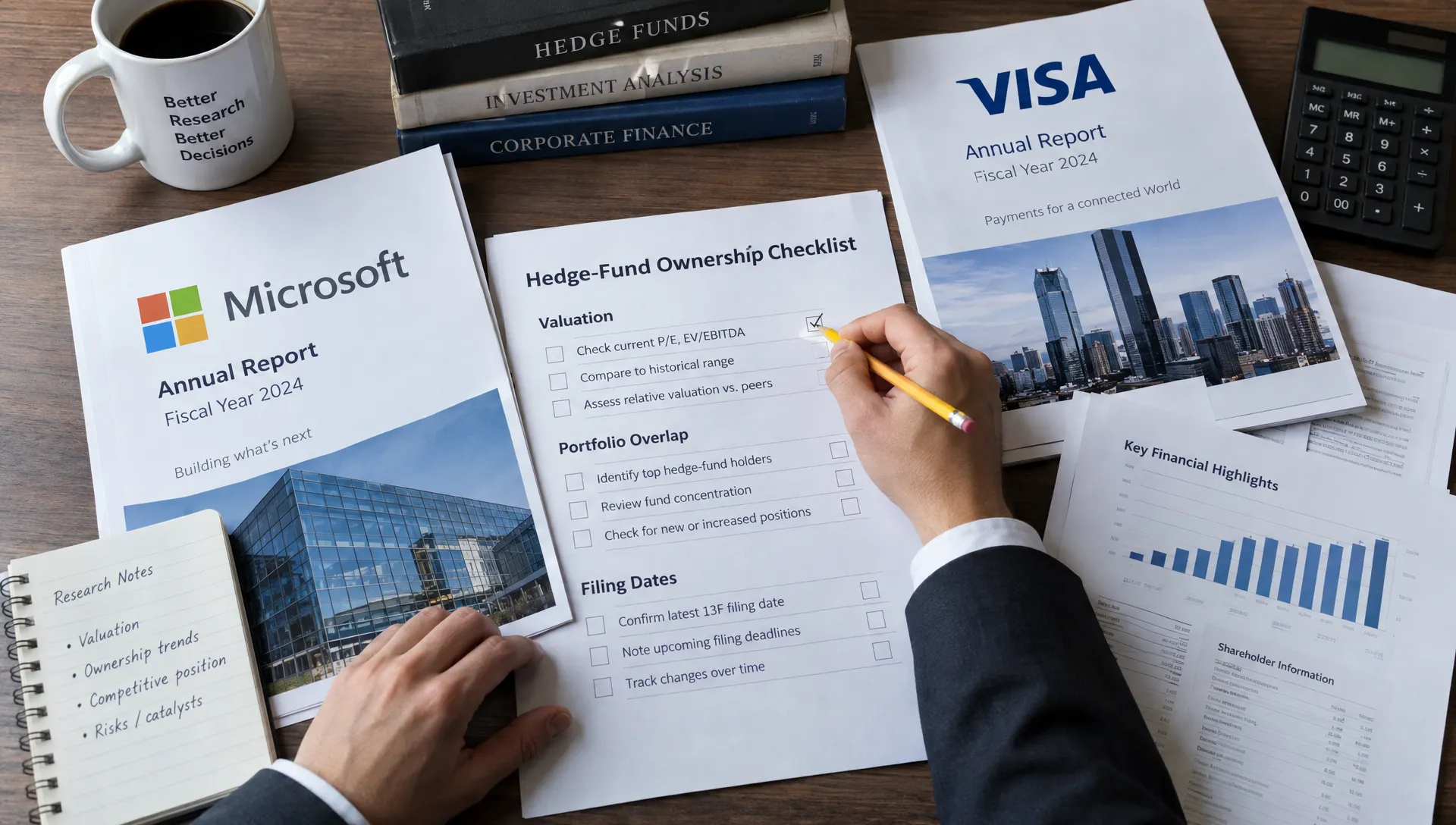 An analyst checks valuation, portfolio overlap and filing dates beside company reports while researching stocks with high hedge fund ownership.