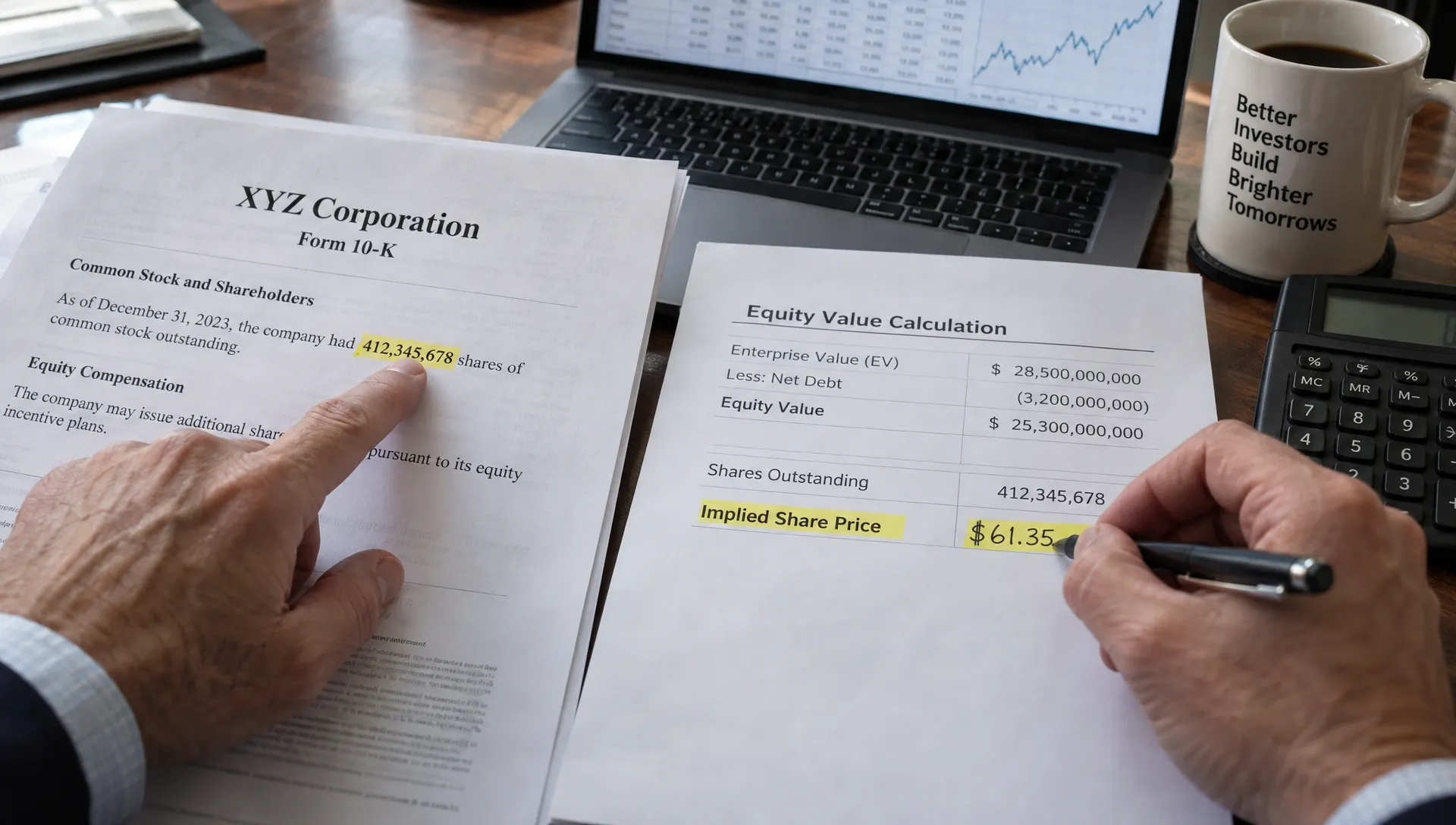 An adult investor's hands compare a company's share-count disclosure with an equity-value calculation and mark the implied per-share price on a worksheet beside the filing.