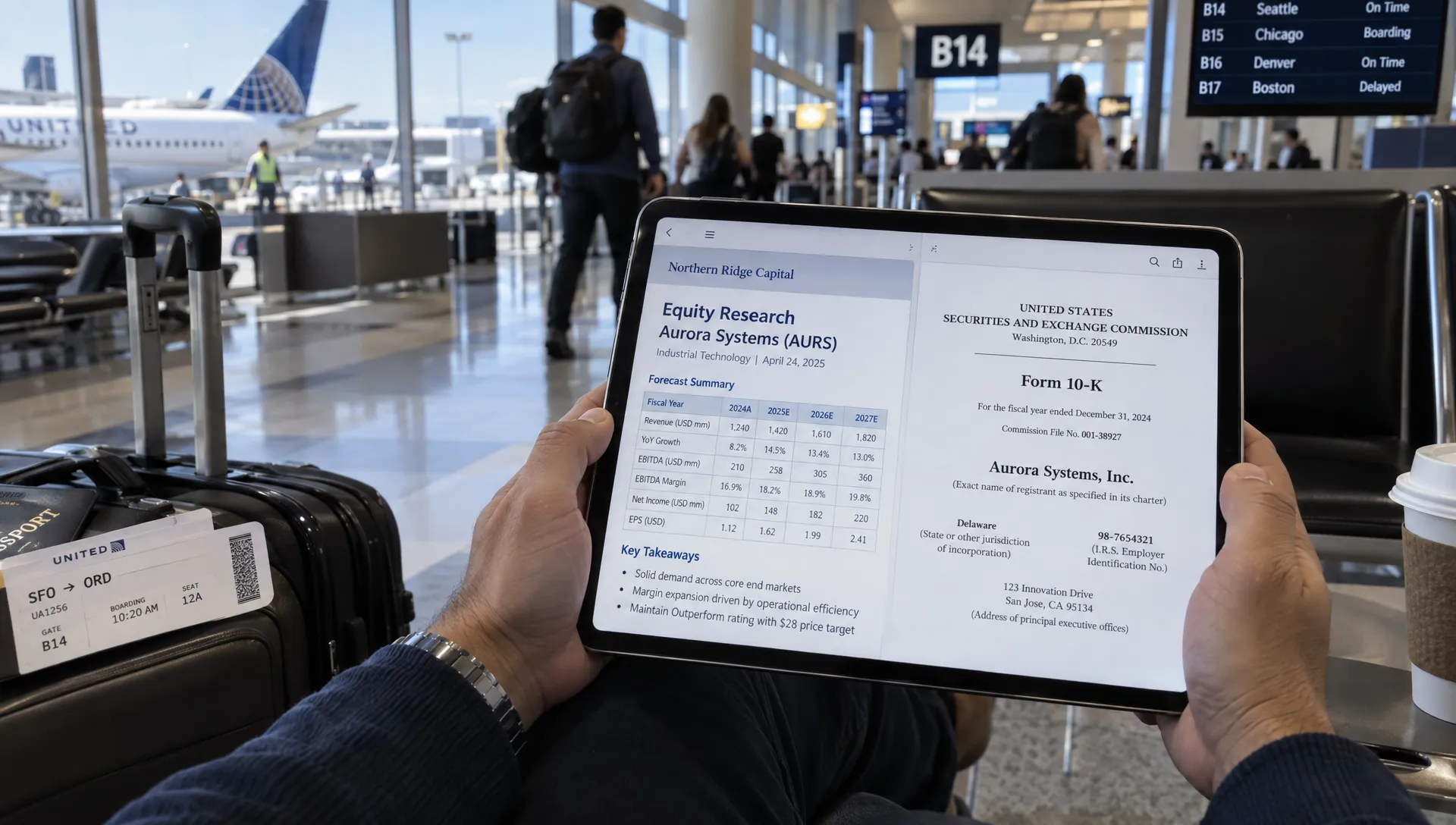 A traveler checks a stock forecast against company filings while reviewing an investment idea between flights.