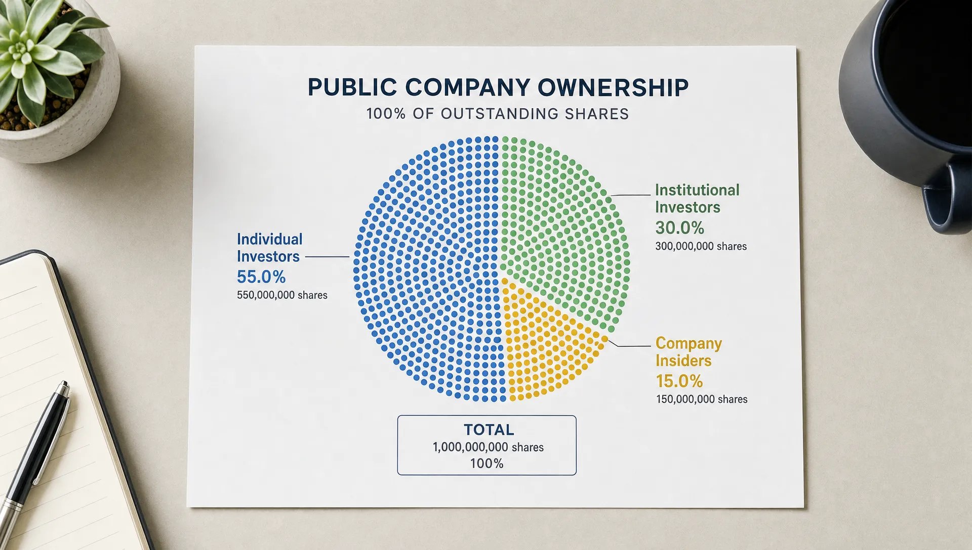 A simple visual of a public company divided into many small ownership shares, with individual investors, institutions, and company insiders each holding different portions of the total equity, shown as a clean overhead diagram on a neutral background.