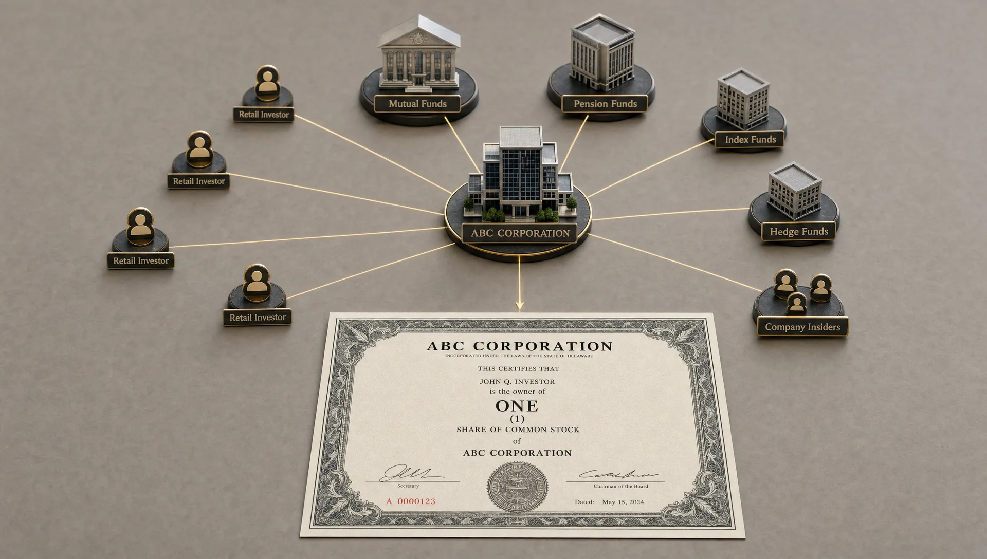 A wide conceptual scene of a single stock certificate transformed into an ownership map, with thin lines branching to small markers for retail investors, funds, and company insiders around a central company icon. The setting is a clean neutral tabletop with no people, emphasizing equity ownership, voting power, and the difference between a tiny share claim and the larger business behind it.