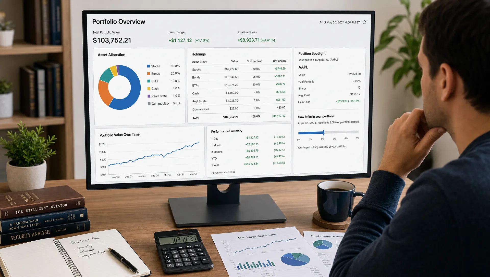 A wide scene of a retail investor reviewing a diversified portfolio dashboard on a desktop monitor, with charts for holdings, allocation percentages, and a side panel showing how a small stock position fits into the overall portfolio; a notebook, calculator, and a few printed stock reports are arranged on the desk, with the screen facing the camera and no hidden display content behind it.