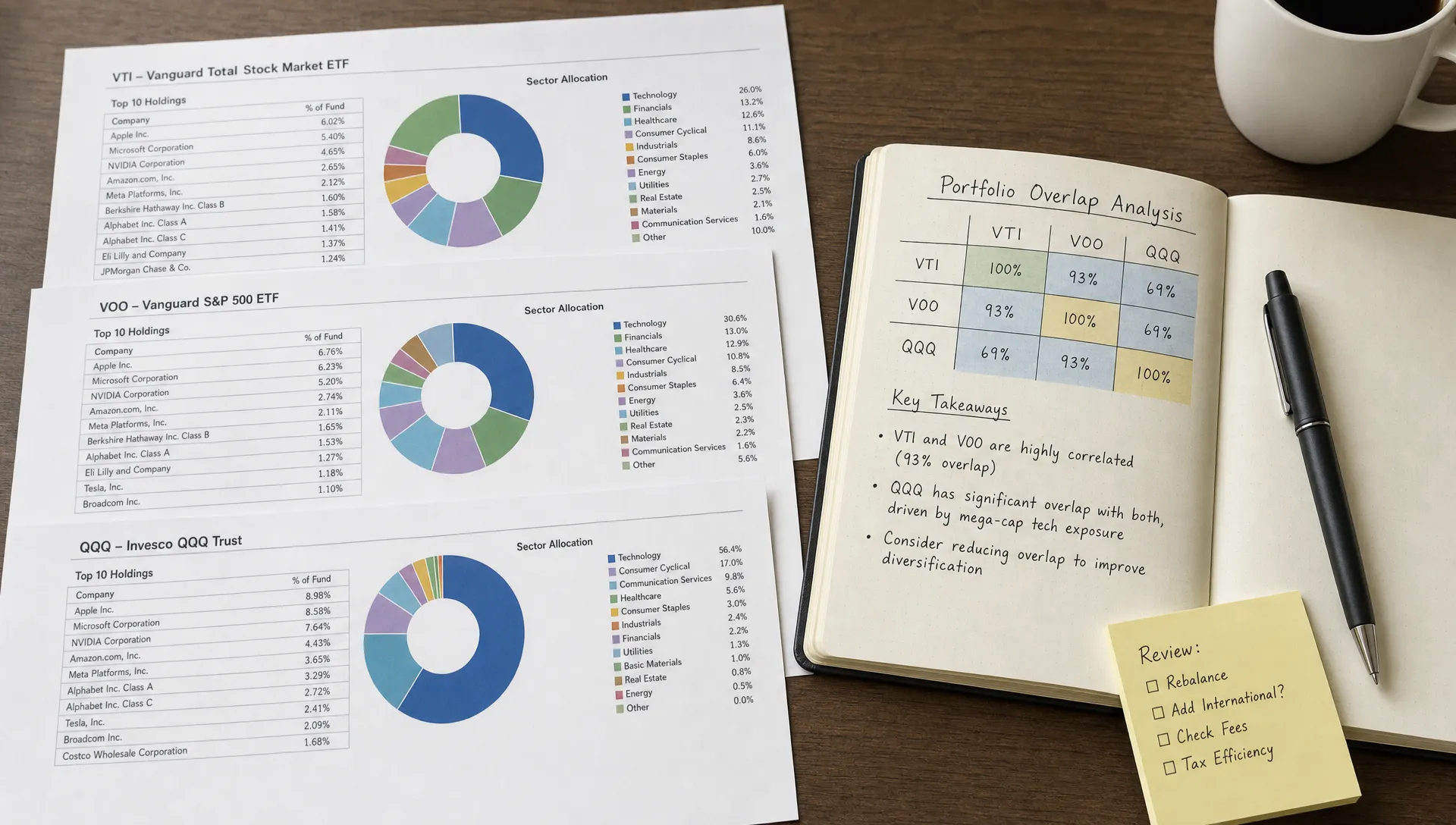 A clean tabletop with printed fund holdings, sector allocation charts, and a notebook showing overlapping portfolio exposures across several ETFs.