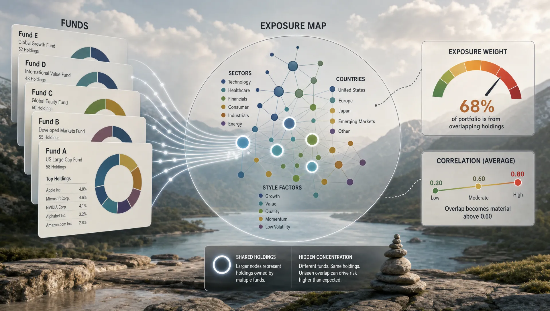 A landscape conceptual scene of several overlapping fund cards feeding into a central exposure map, where repeated holdings are traced as shared nodes across sectors, countries, and style factors, with a weight gauge and a correlation line showing where the overlap becomes material. No people are present; the composition should feel analytical and explanatory, with fund duplication and hidden concentration as the hero idea in a clean neutral setting that is clearly different from an office desk or dashboard.