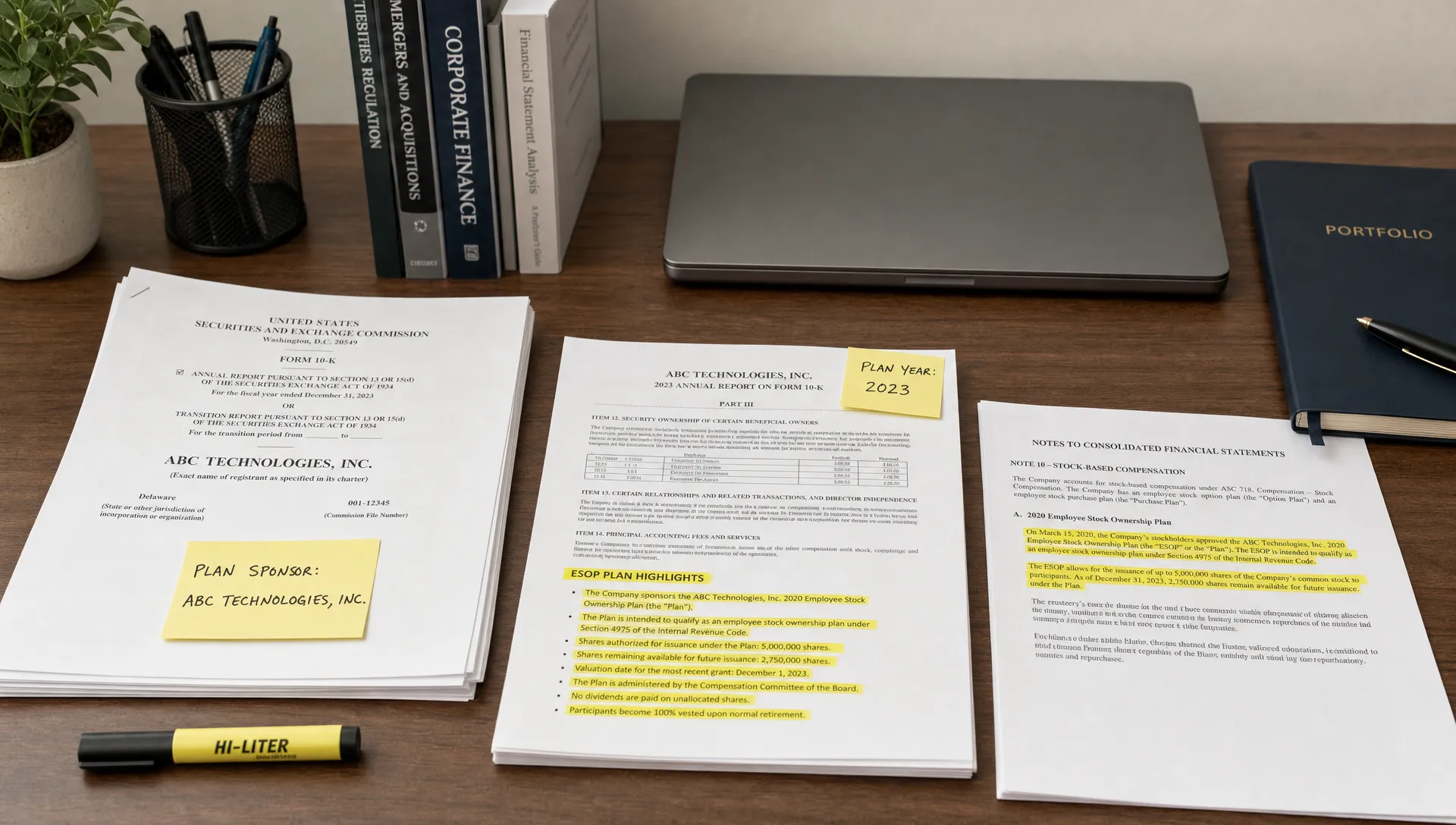 A research desk with printed company filings, highlighted ESOP terms, sticky notes for plan sponsor and plan year, and a closed laptop beside a portfolio notebook.