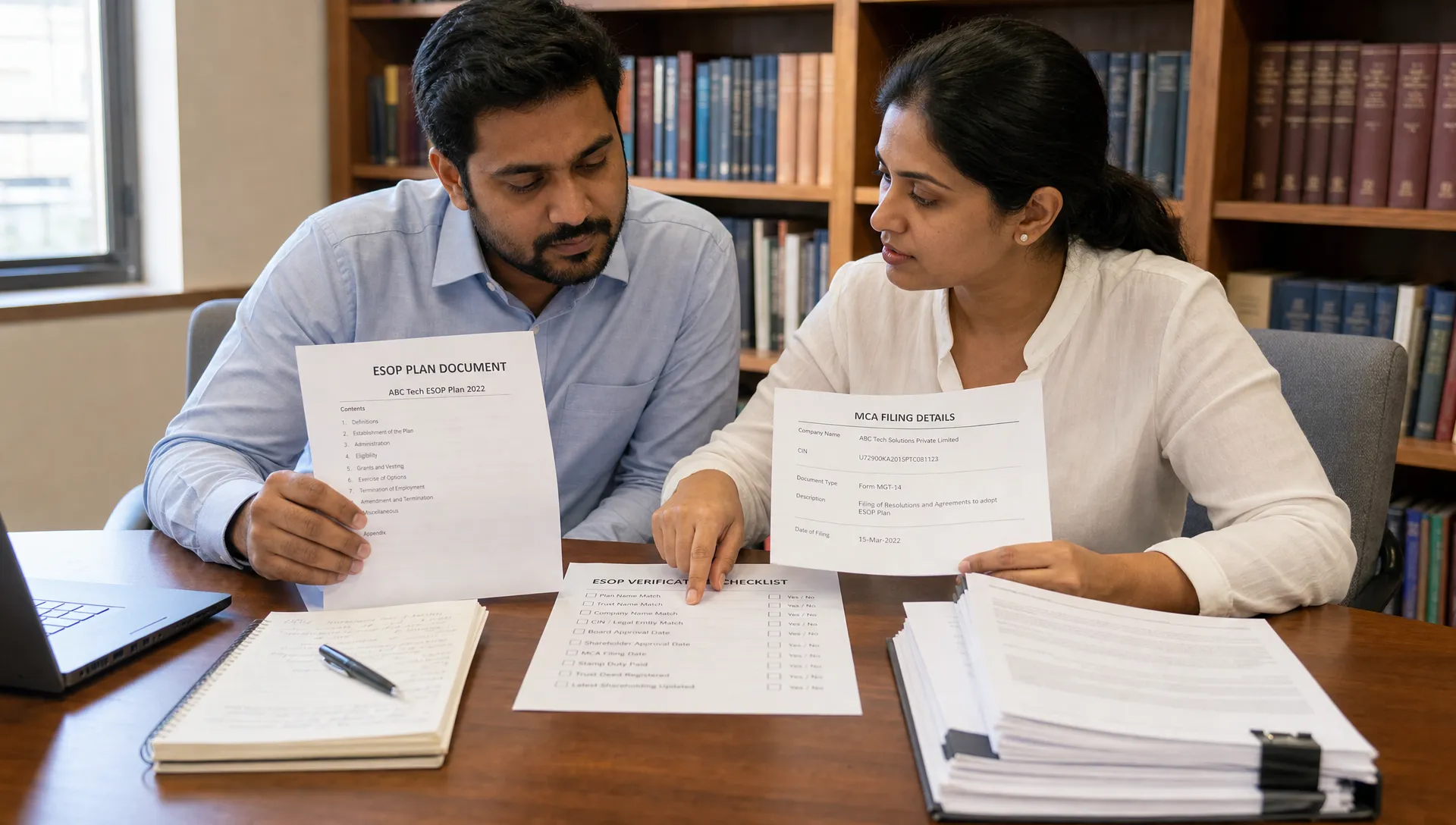 Two researchers review company filings and a checklist while verifying an ESOP in a study room.
