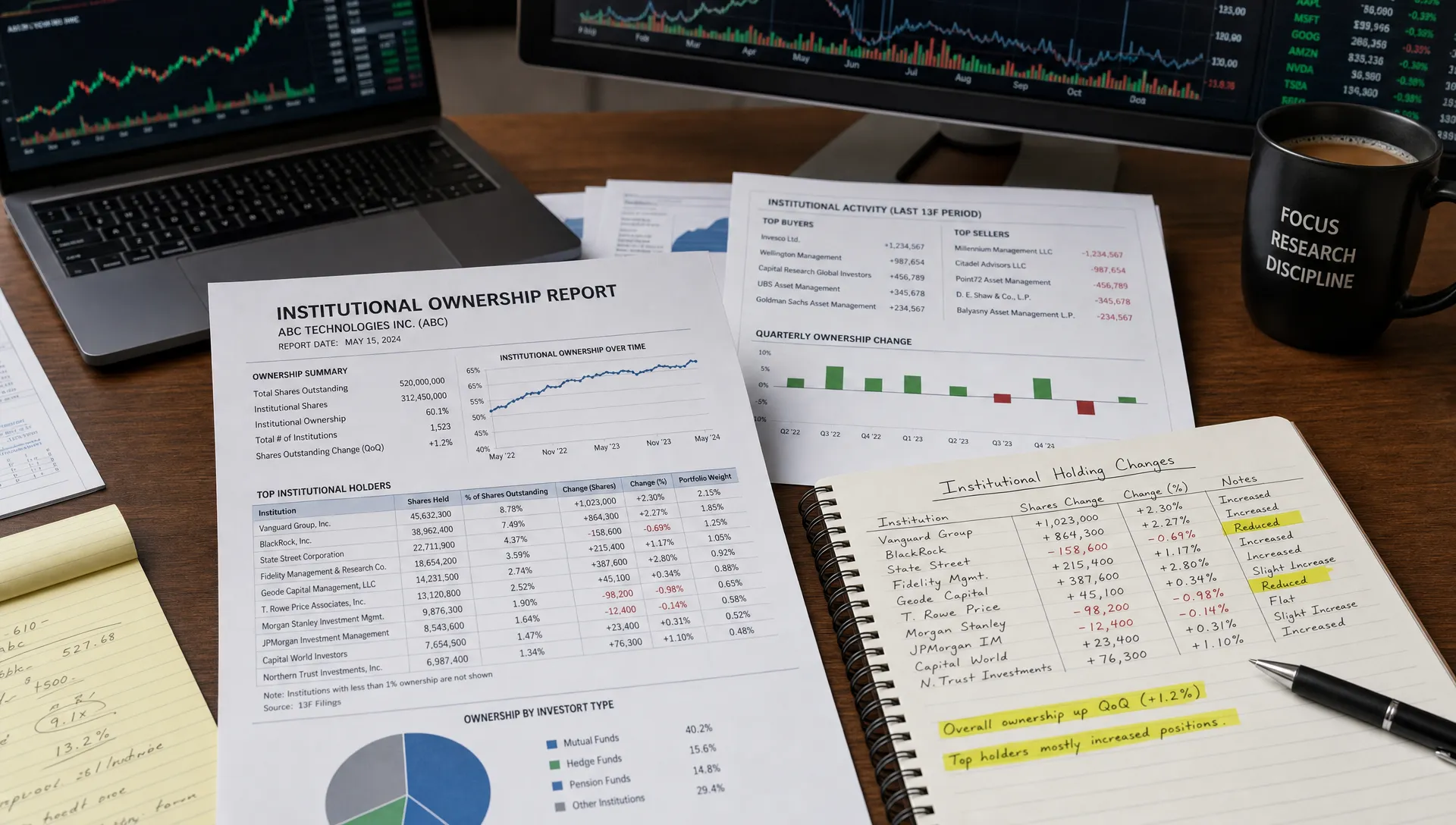 A financial research desk showing printed ownership reports, stock charts, and a notebook with highlighted institutional holding changes, creating a focused investor research scene.