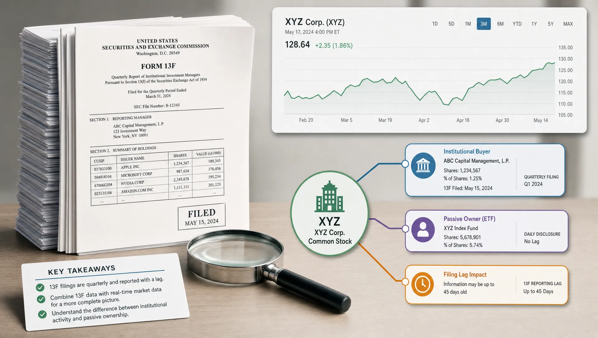 A wide conceptual scene of a quarterly ownership filing visualized as a stack of SEC report pages beside a magnifying glass and a clean market chart, with a few labeled holder markers branching from one highlighted stock icon to show institutional buying, passive ownership, and filing lag. No people are present; the composition feels analytical and symbolic, with the documents and ownership map as the focal elements in a neutral office-like setting.